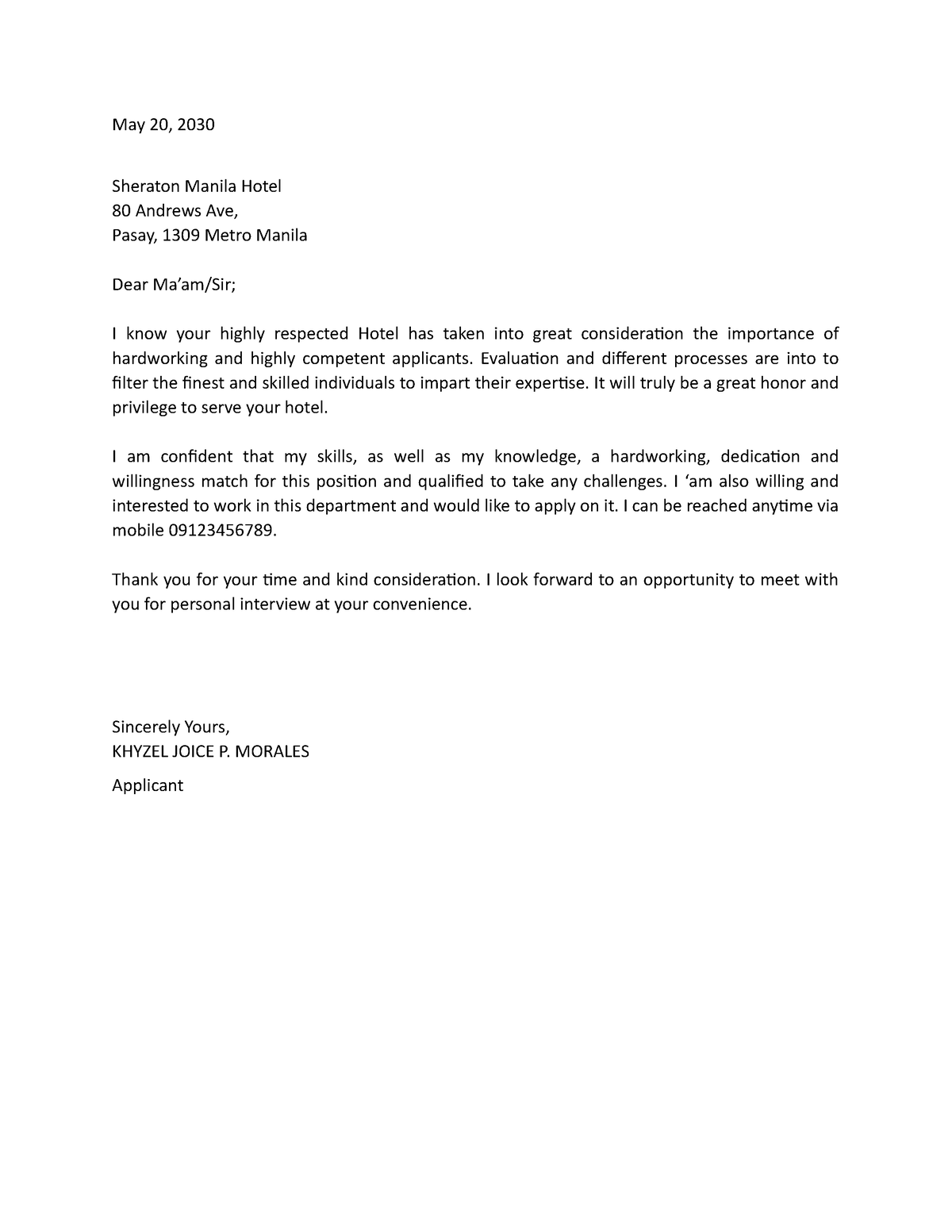 Application Letter - gfygui - May 20, 2030 Sheraton Manila Hotel 80 ...