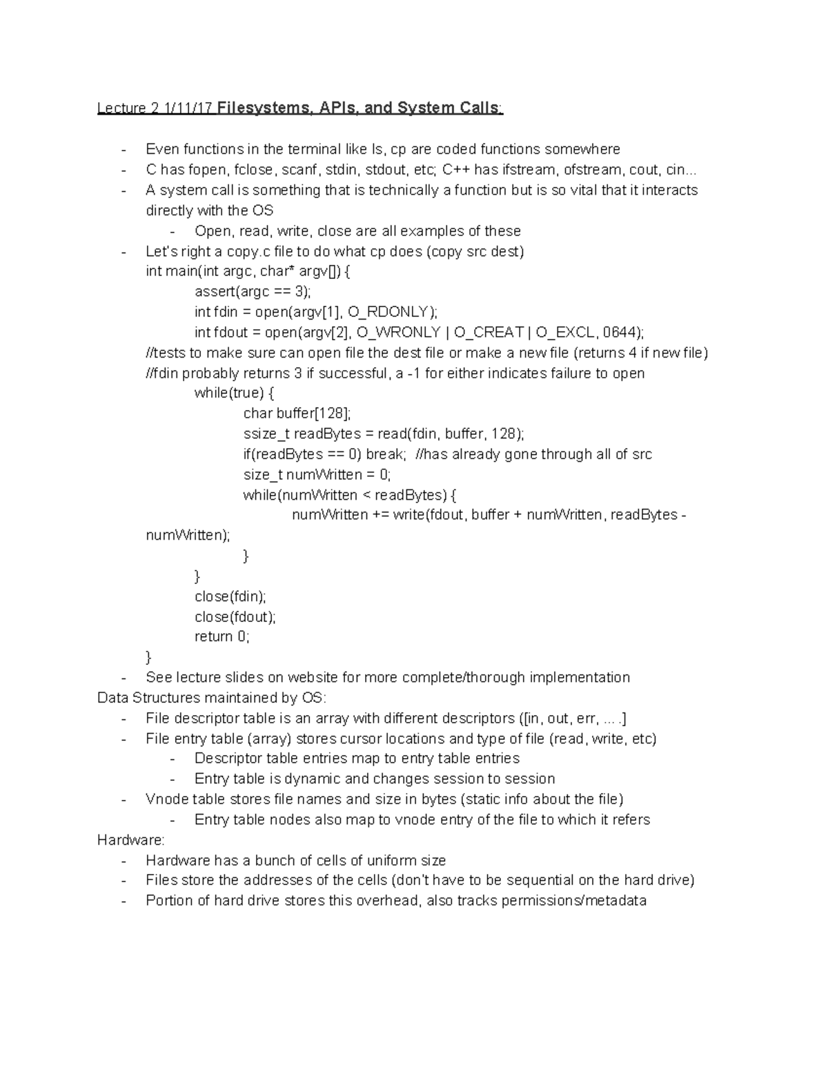 CS110 - Lecture Notes 1-20 - Lecture 2 1/11/17 Filesystems, APIs, And ...