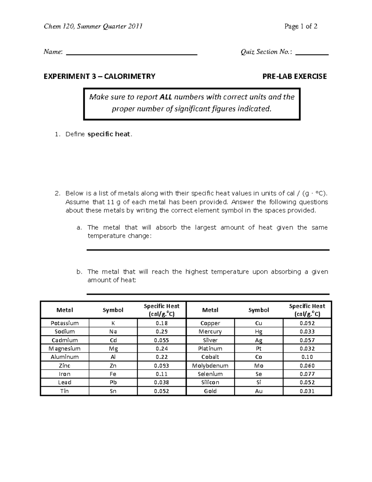 2 Calorimetry Prelab(Exp2) Chem 120, Summer Quarter 2011 Page 1 of 2