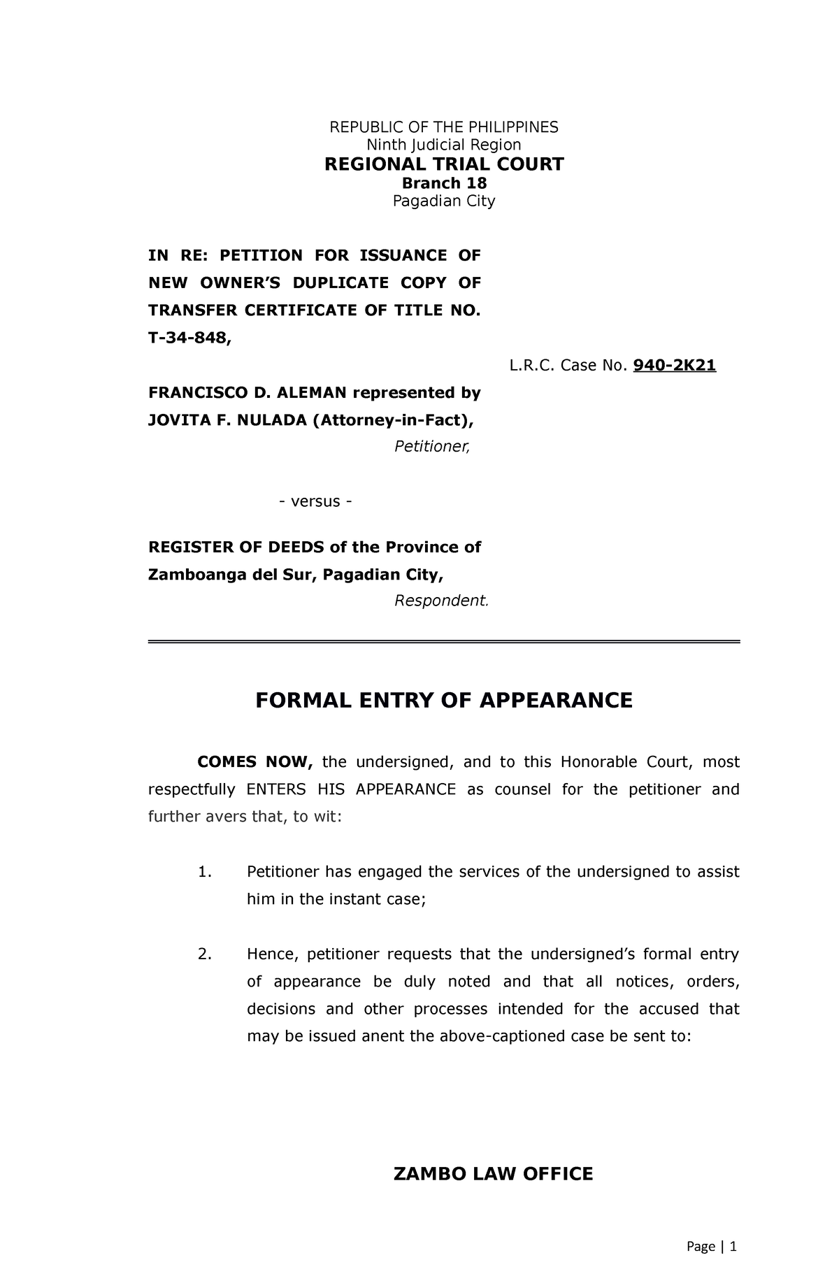 Formal Entry if Appearance - REPUBLIC OF THE PHILIPPINES Ninth Judicial ...