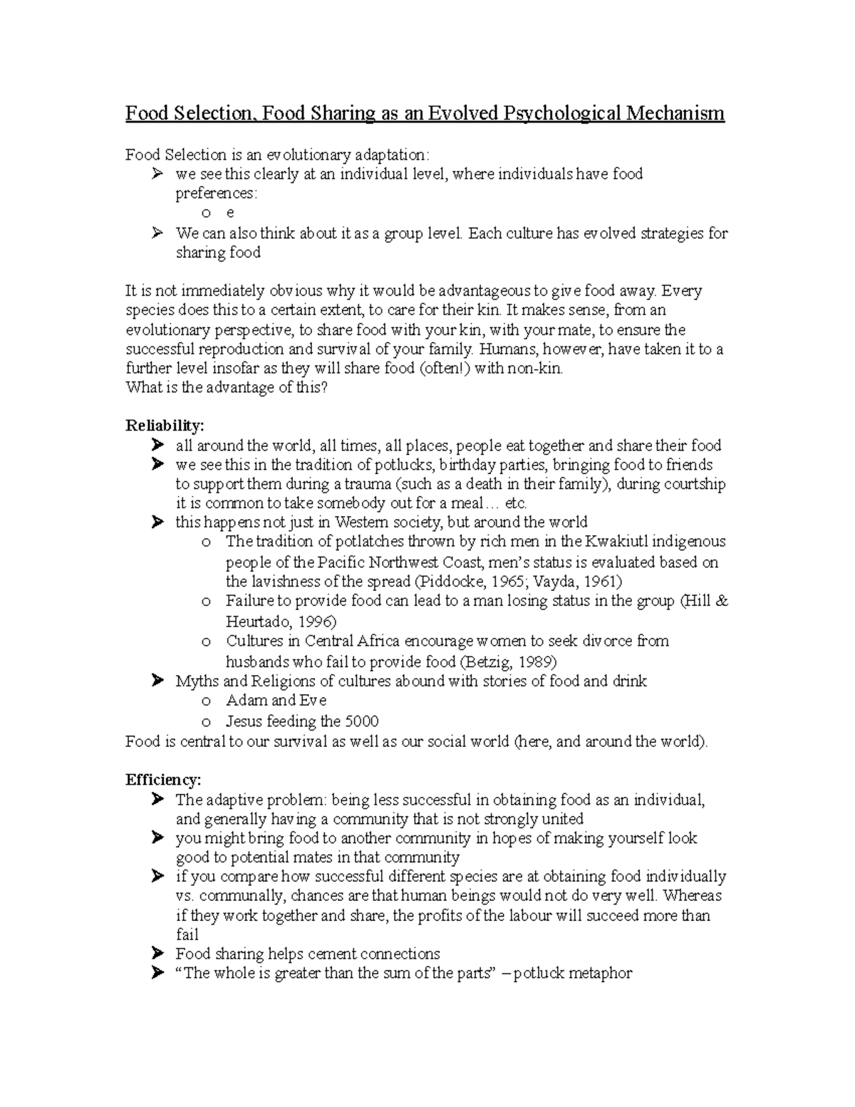 Evol classnotes 8 - Lecture notes 8 - Food Selection, Food Sharing as ...