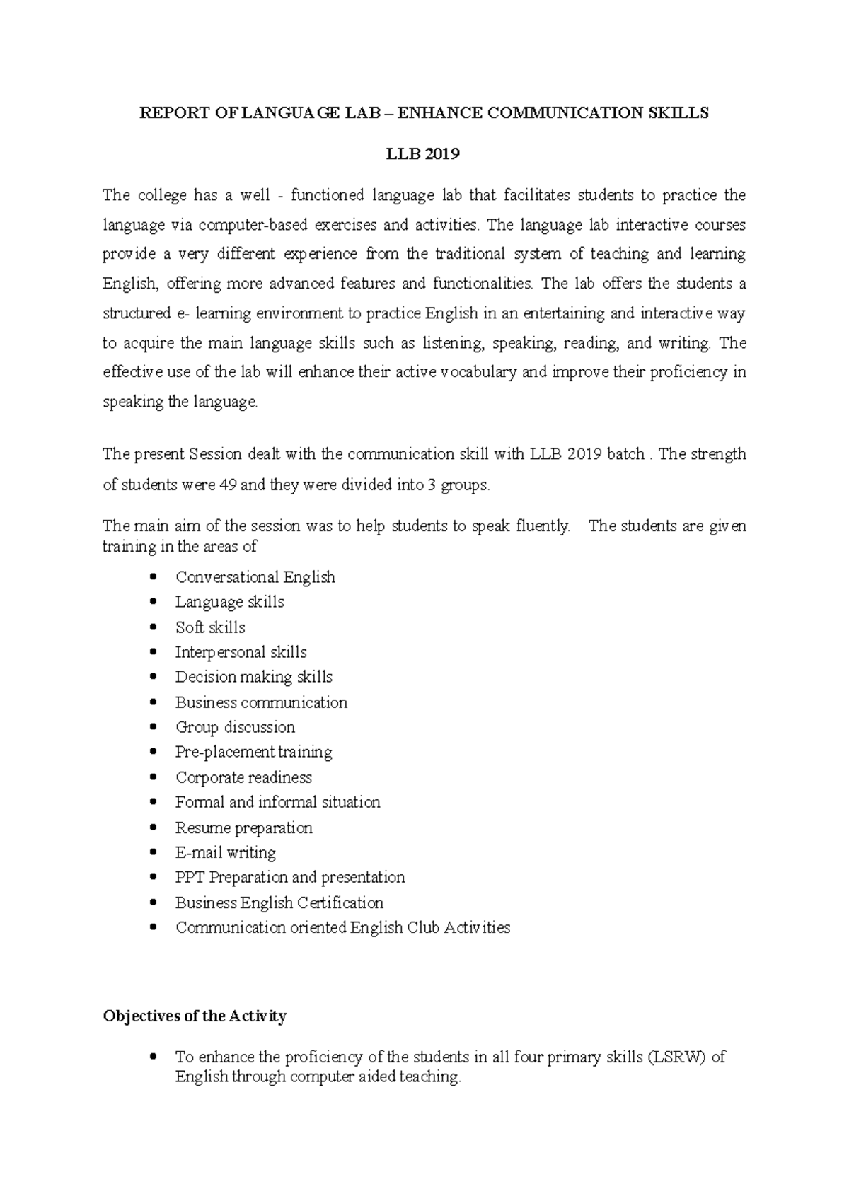 Report OF Language LAB LLB 2019 REPORT OF LANGUAGE LAB ENHANCE