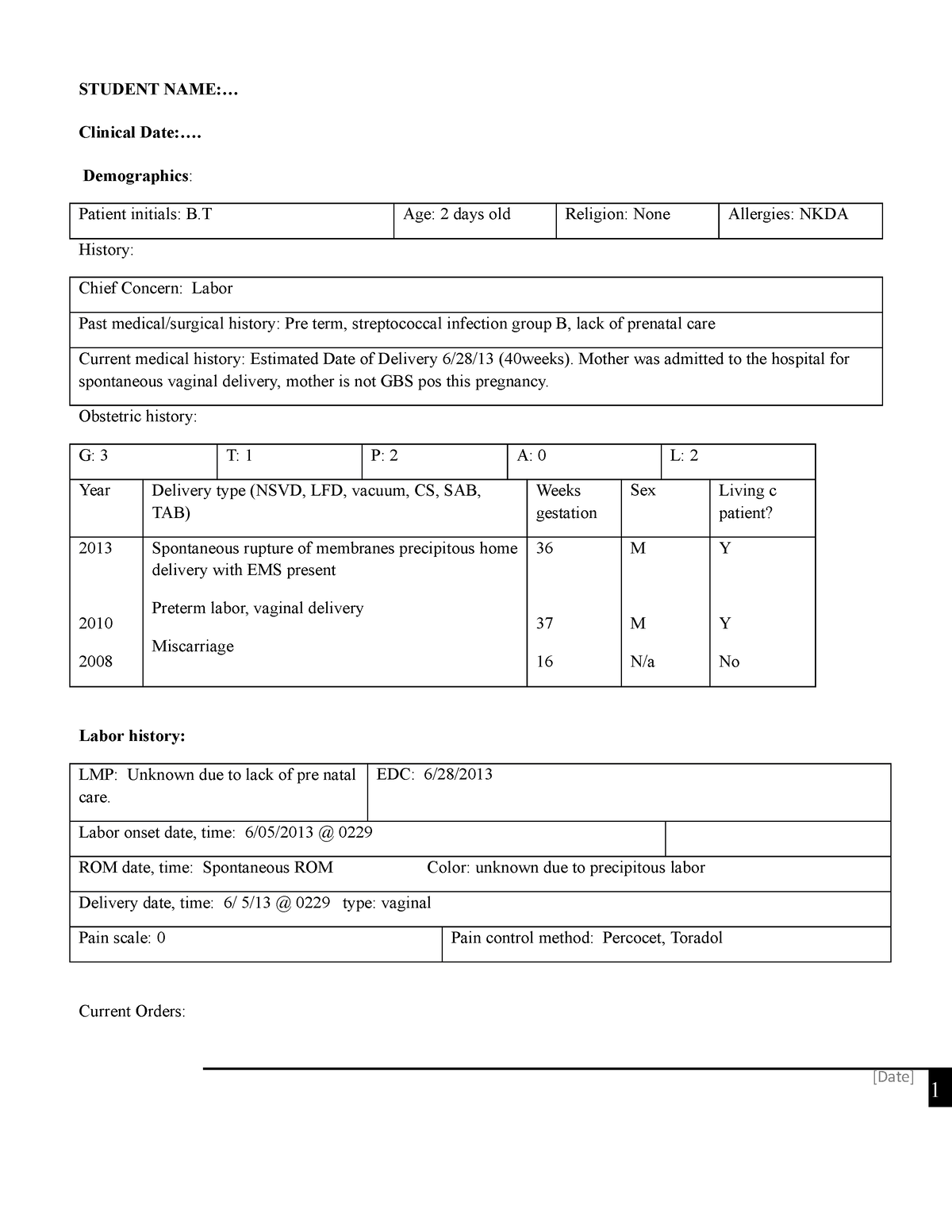 Neonate careplan - [Date] STUDENT NAME:... Clinical Date ...