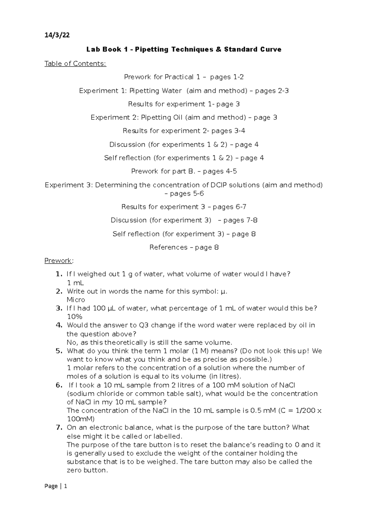 Lab book submission - Lab book for prac 1. - Lab Book 1 - Pipetting ...