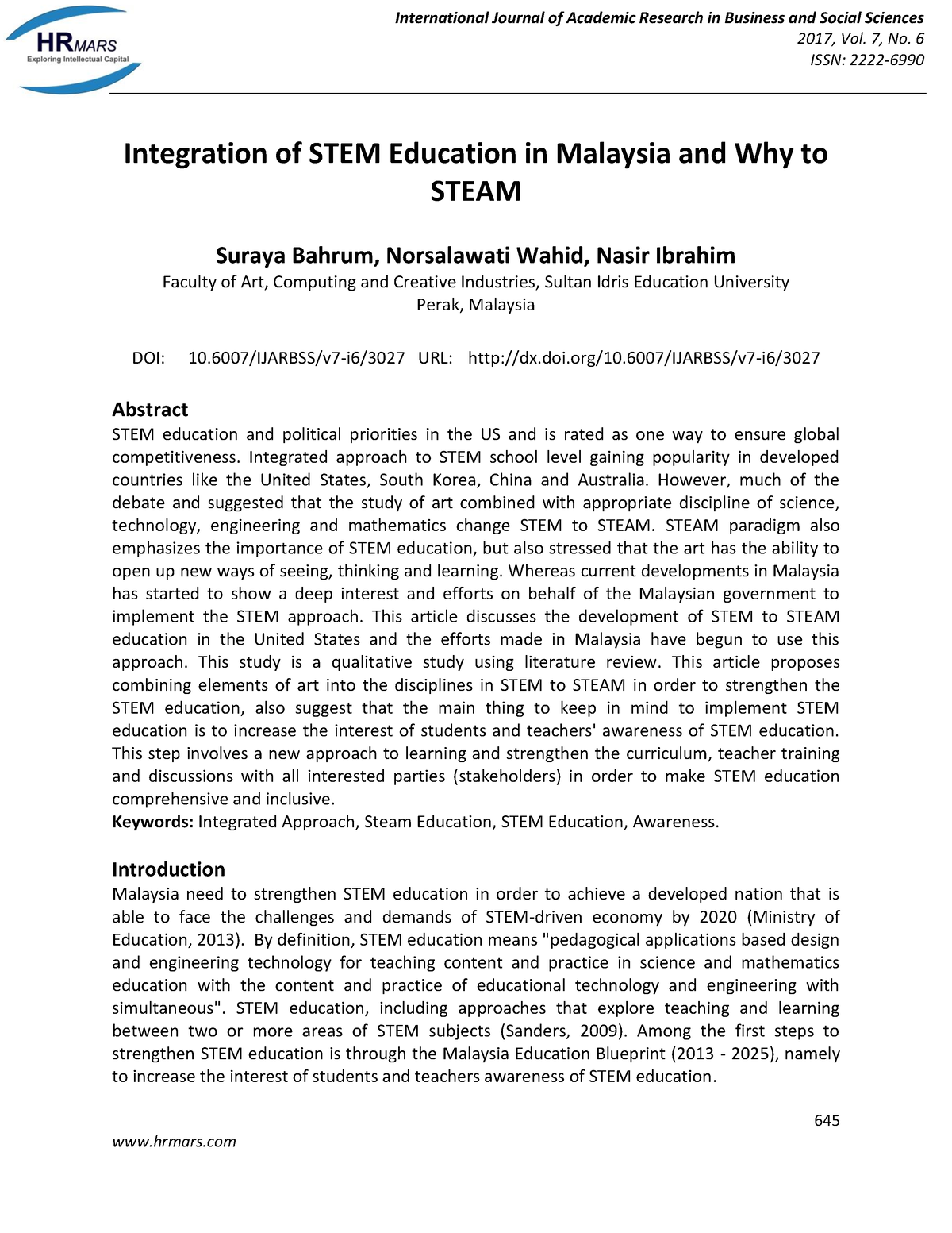 Integration Of STEM Education In Malaysi - 2017, Vol. 7, No. 6 ISSN ...