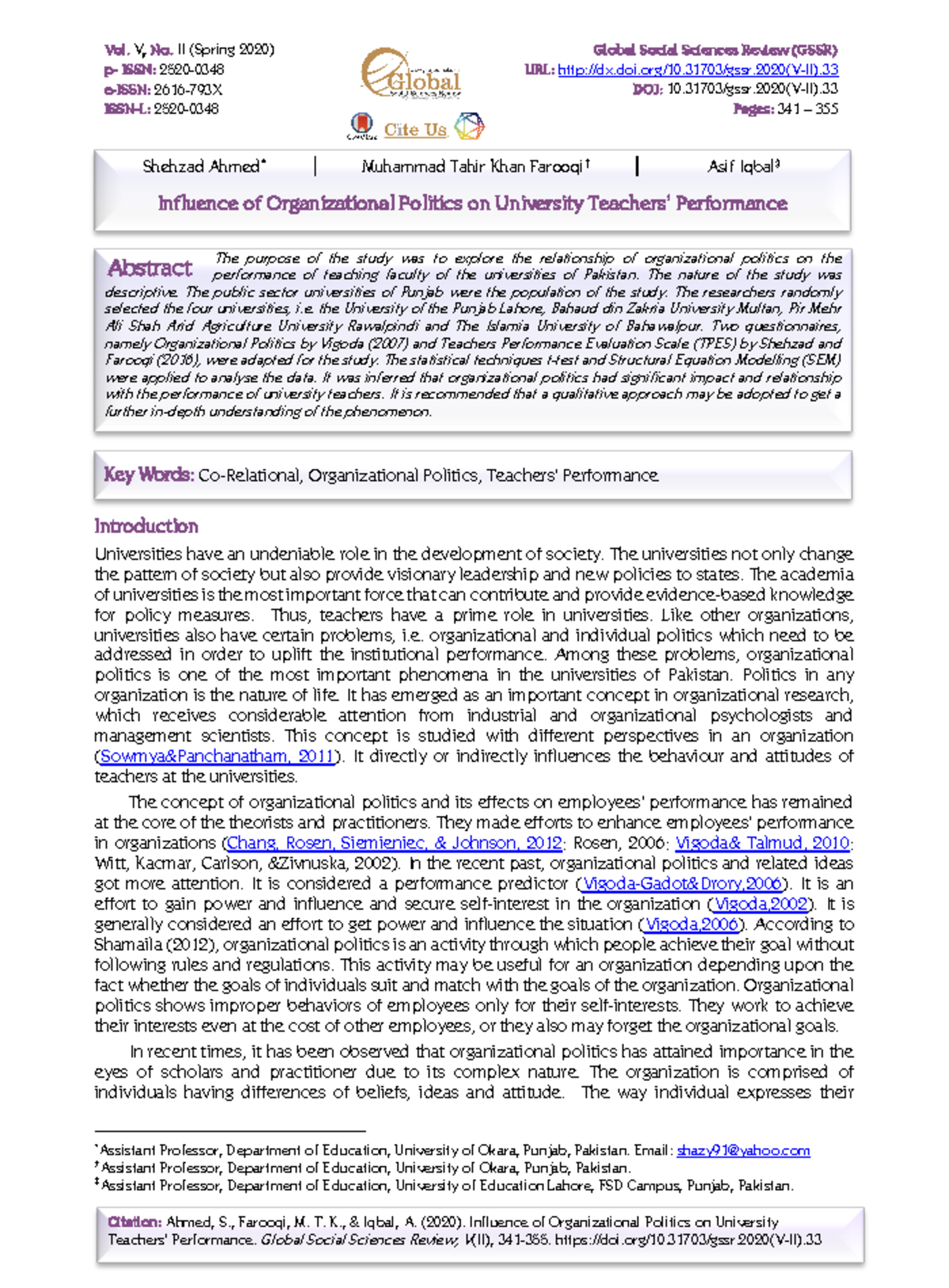 Influence of Organizational Politics on University Vol. V, No. II