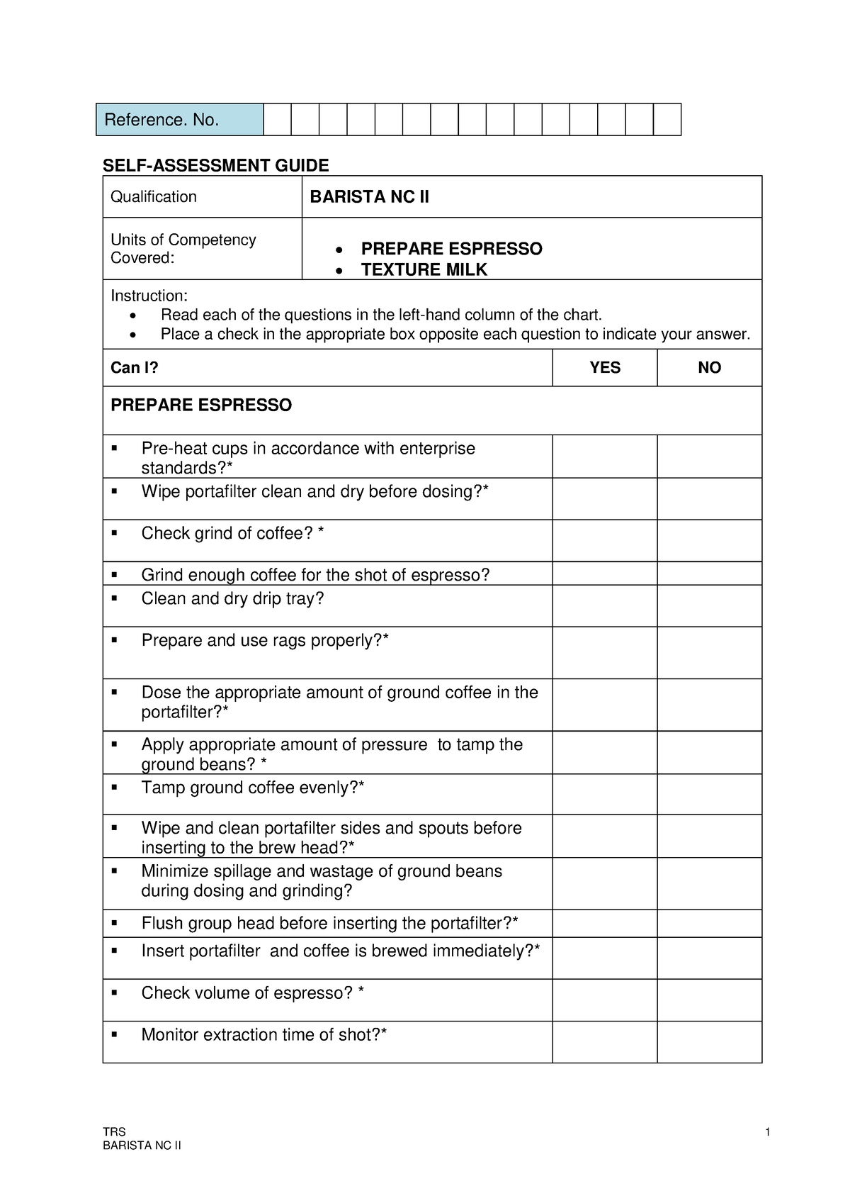 SAG - Barista NC II - Lecture - TRS 1 Reference. No. SELF-ASSESSMENT ...