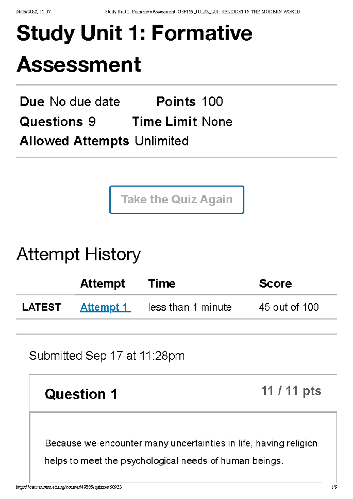 Study Unit 1 Formative Assessment GSP169 JUL22 L01 Religion IN THE ...