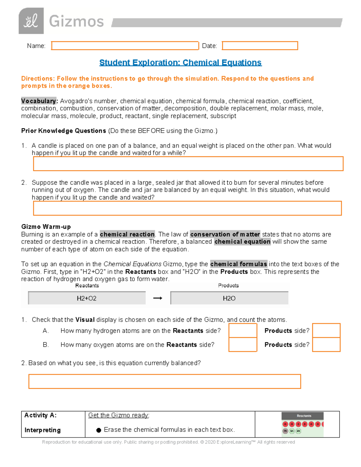 Copy of Chem Equations SE - Name: Date: Student Exploration: Chemical ...