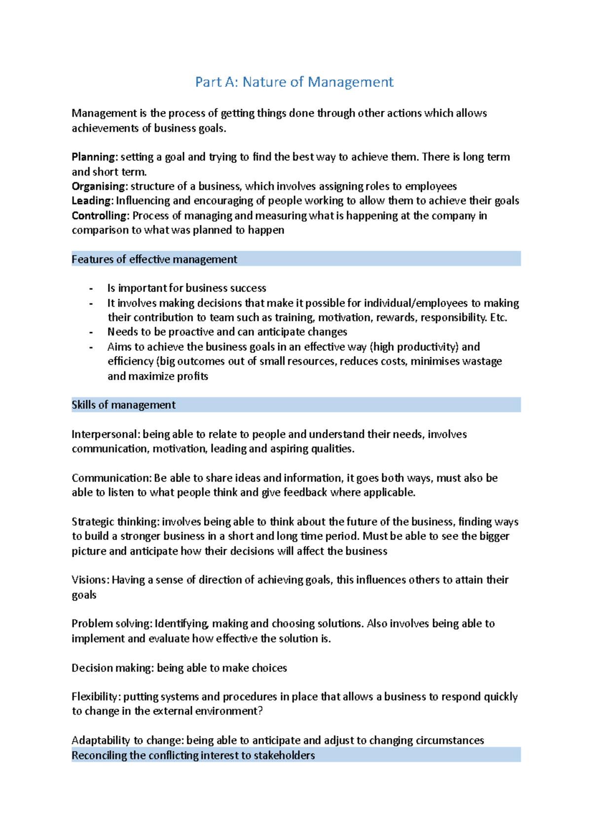 Topic 2 - Buisness Managament - Part A: Nature of Management Management ...