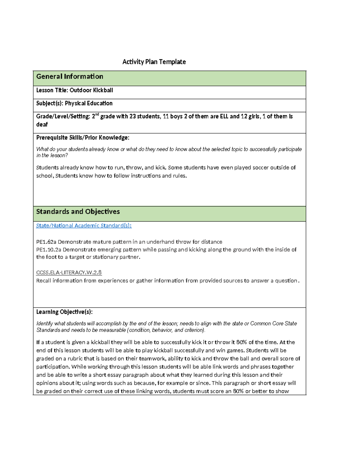 C732 task 2 D final c732 task Activity Plan Template General