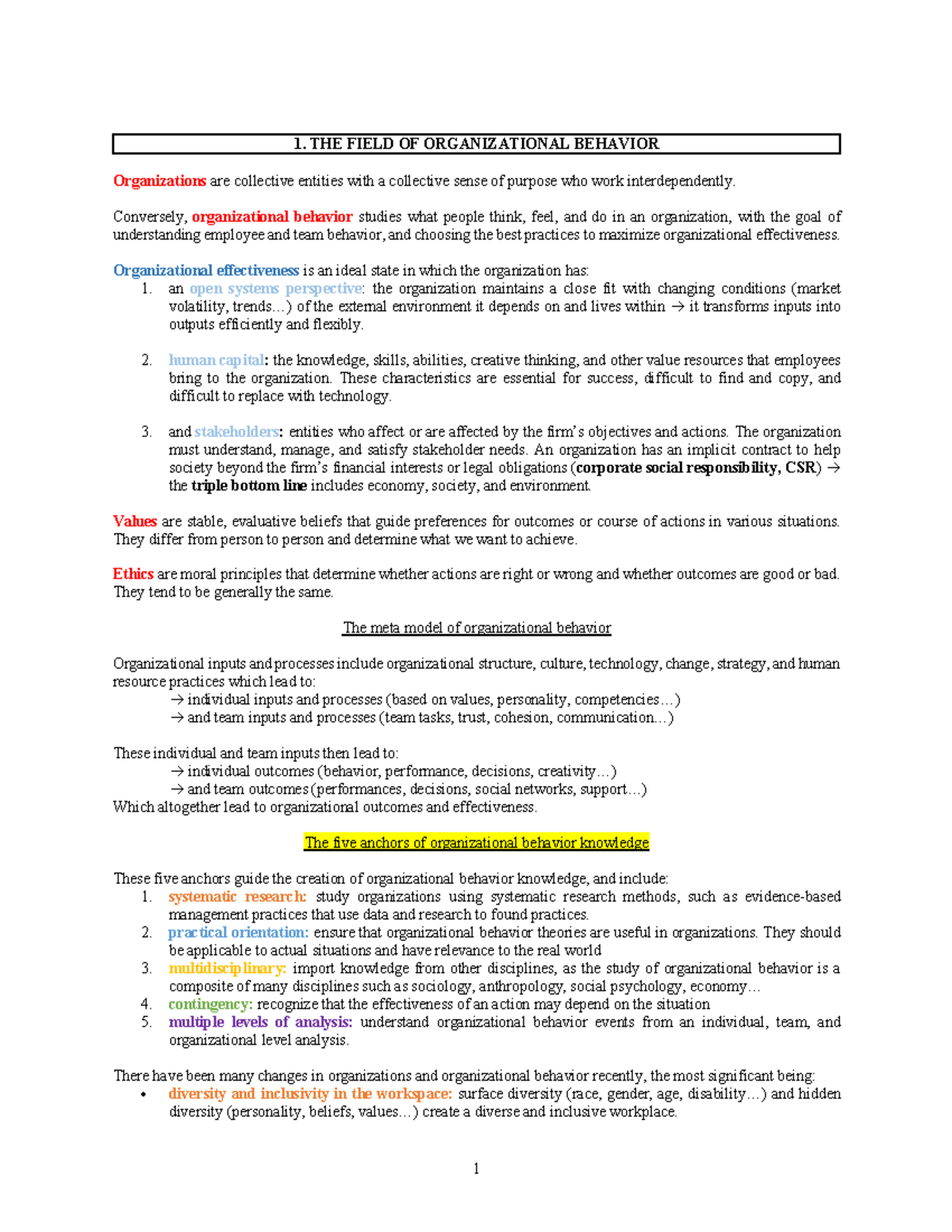 OB Notes - 1. THE FIELD OF ORGANIZATIONAL BEHAVIOR Organizations are ...