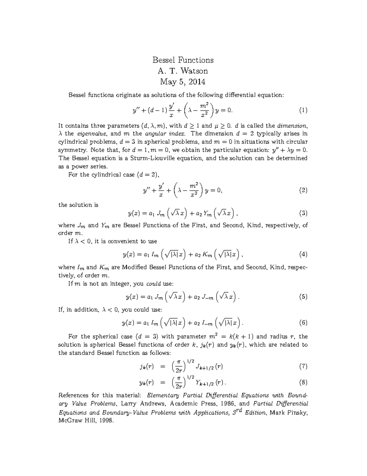 Bessel Functions - Lecture Notes 7 - Bessel Functions A. T. Watson May ...