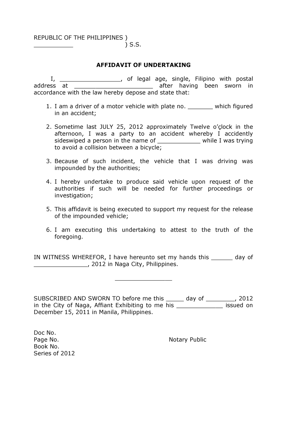 Affidavit Of Undertaking Format Philippines Affidavitform Net My Xxx Hot Girl 2704