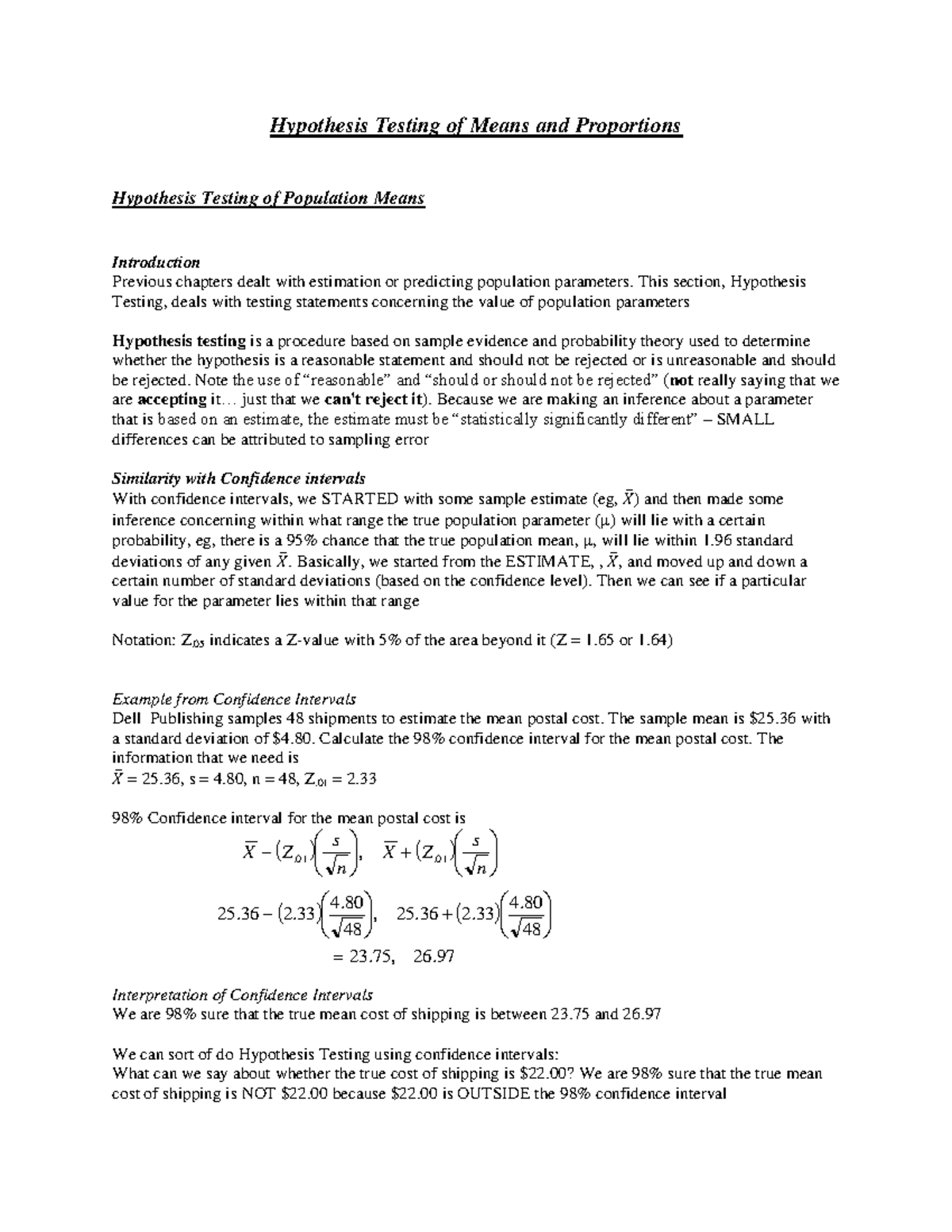 Hypothesis Testing of Means and Proportions Notes - Hypothesis Testing ...