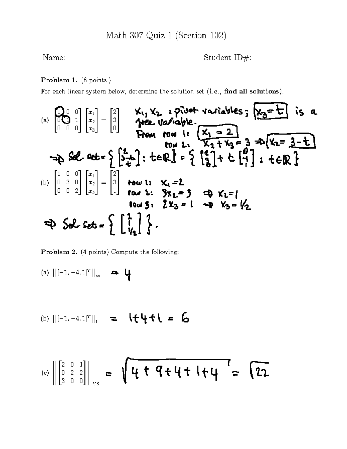 Quiz January 2019, questions and answers - Math 307 Quiz 1 (Section 102 ...