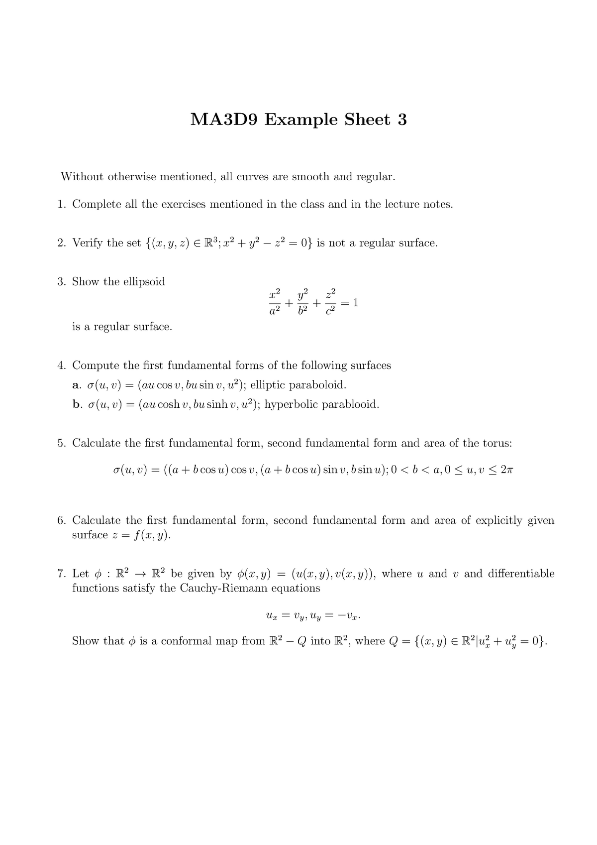 Ma3d9 13 14 Example Sheet 3 Ma3d9 Example Sheet Without Otherwise Mentioned All Curves Are Smooth And Regular Complete All The Exercises Mentioned In The Studocu