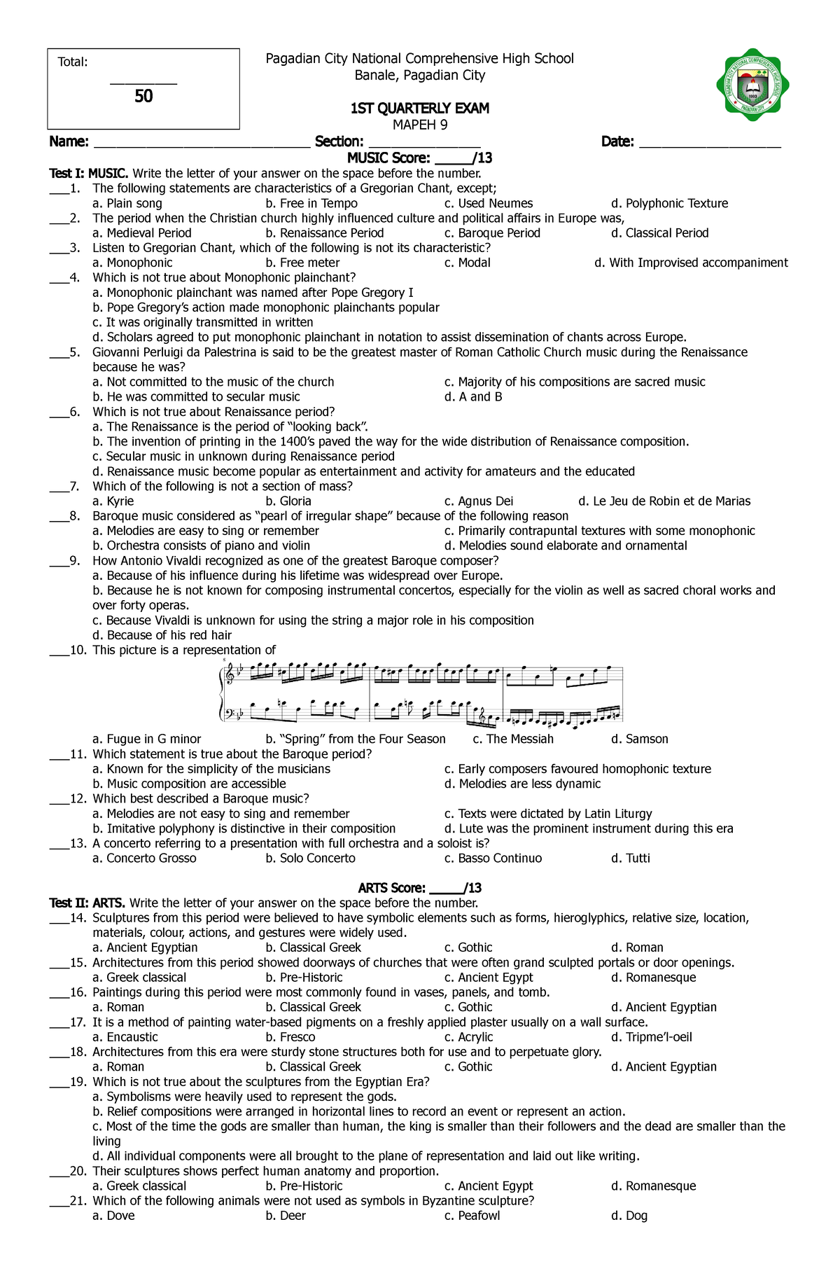 Mapeh 9 - 1st Quarterly Exam - Pagadian City National Comprehensive ...