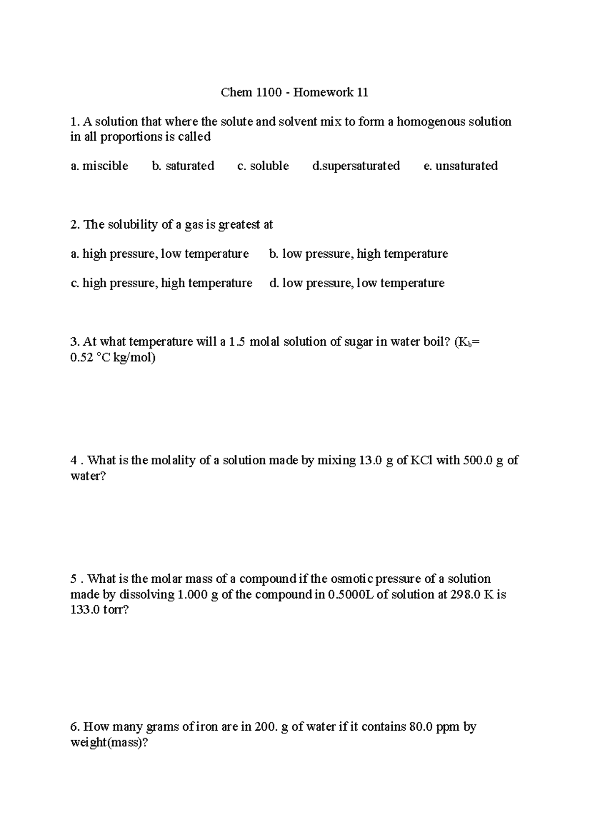 CHEM 1100 Homework Chapter 11 + Solution - Chem 1100 - Homework 11 A ...