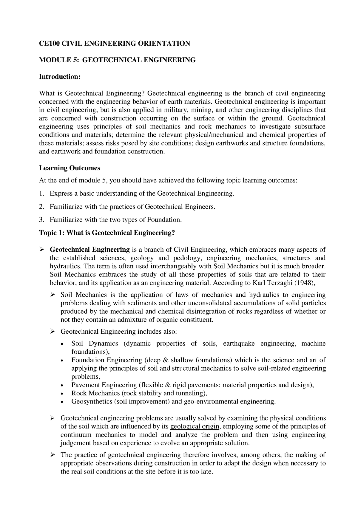 CE100 Lecture 5 Geotech - CE100 CIVIL ENGINEERING ORIENTATION MODULE 5 ...