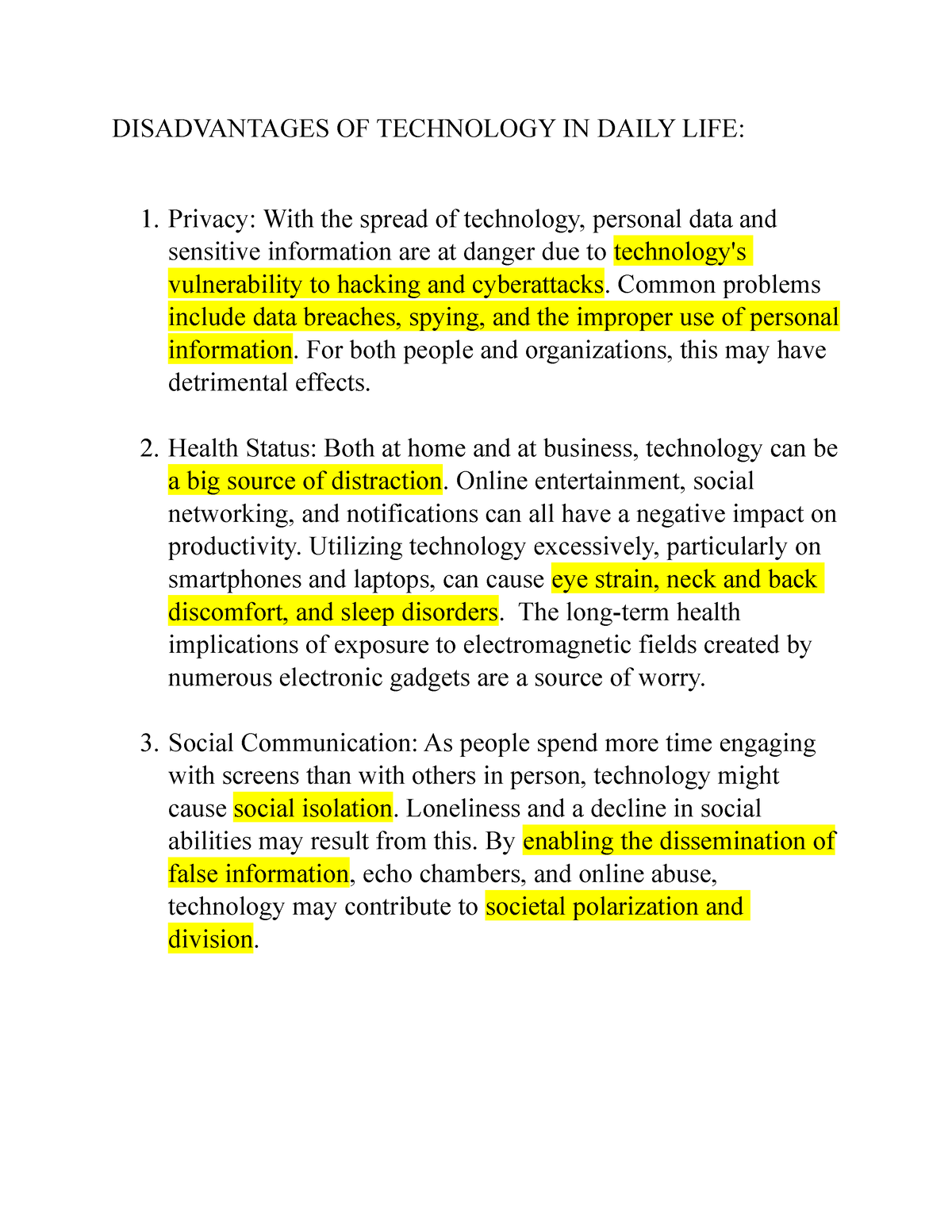 disadvantages of technology in human life essay