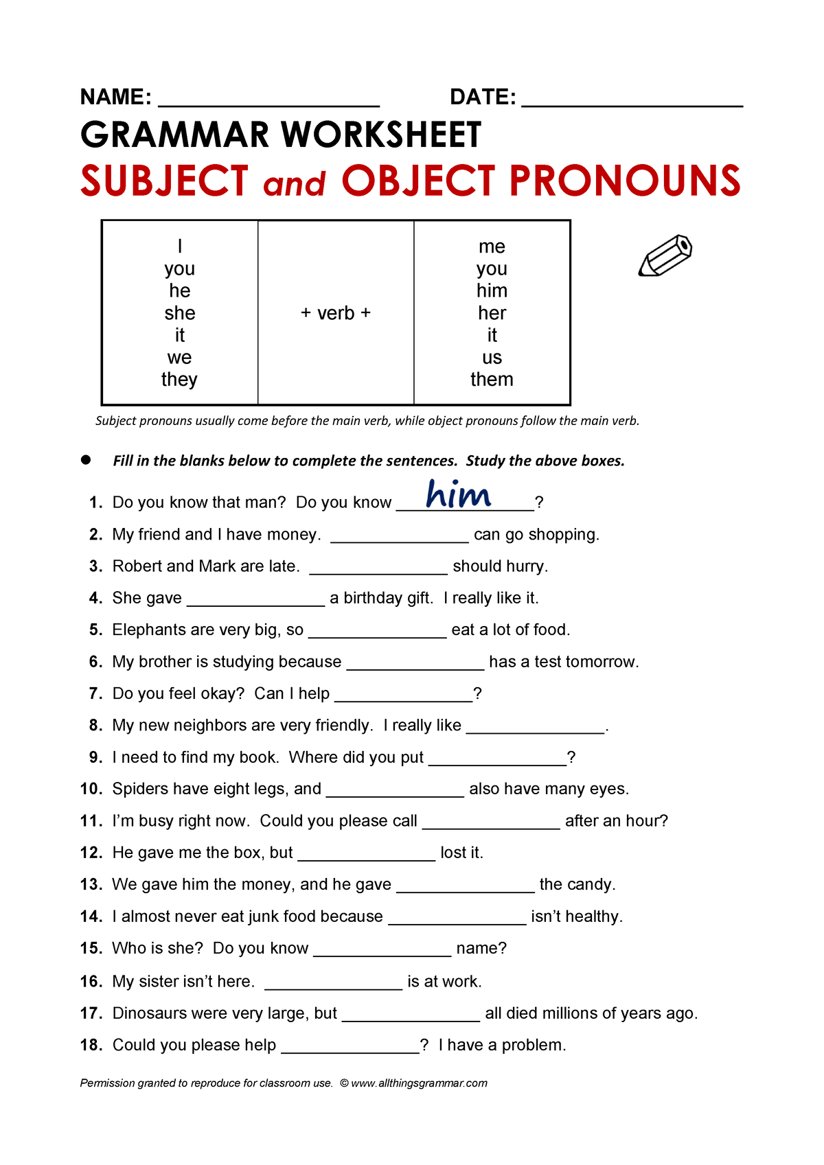 Object Pronouns Worksheet With Answer Key