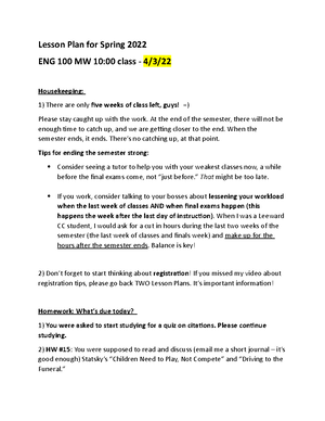Spring 2022 Lesson Plan for ENG 100 MW 10 - 4-4-22 - Lesson Plan for ...