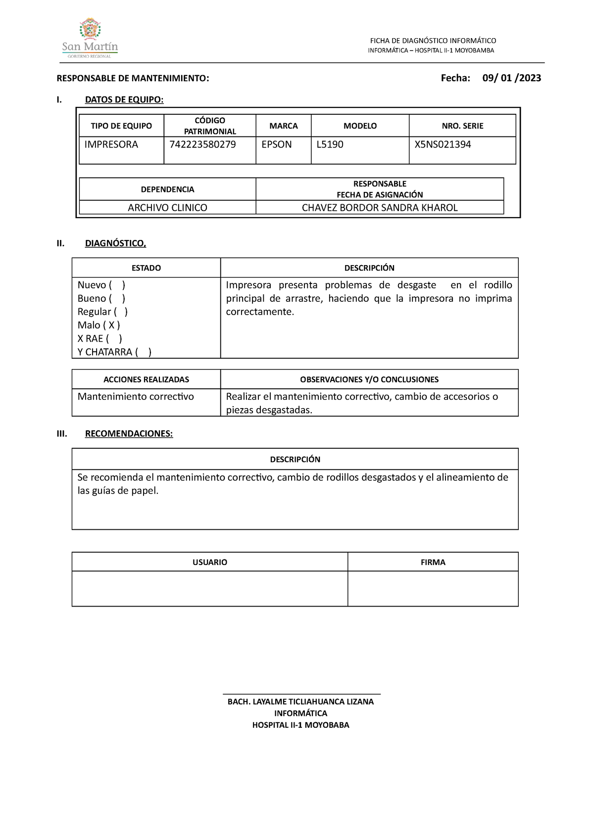 Ficha Diagnostico 02 Impresora - Archivo Clinico - FICHA DE DIAGNÓSTICO ...
