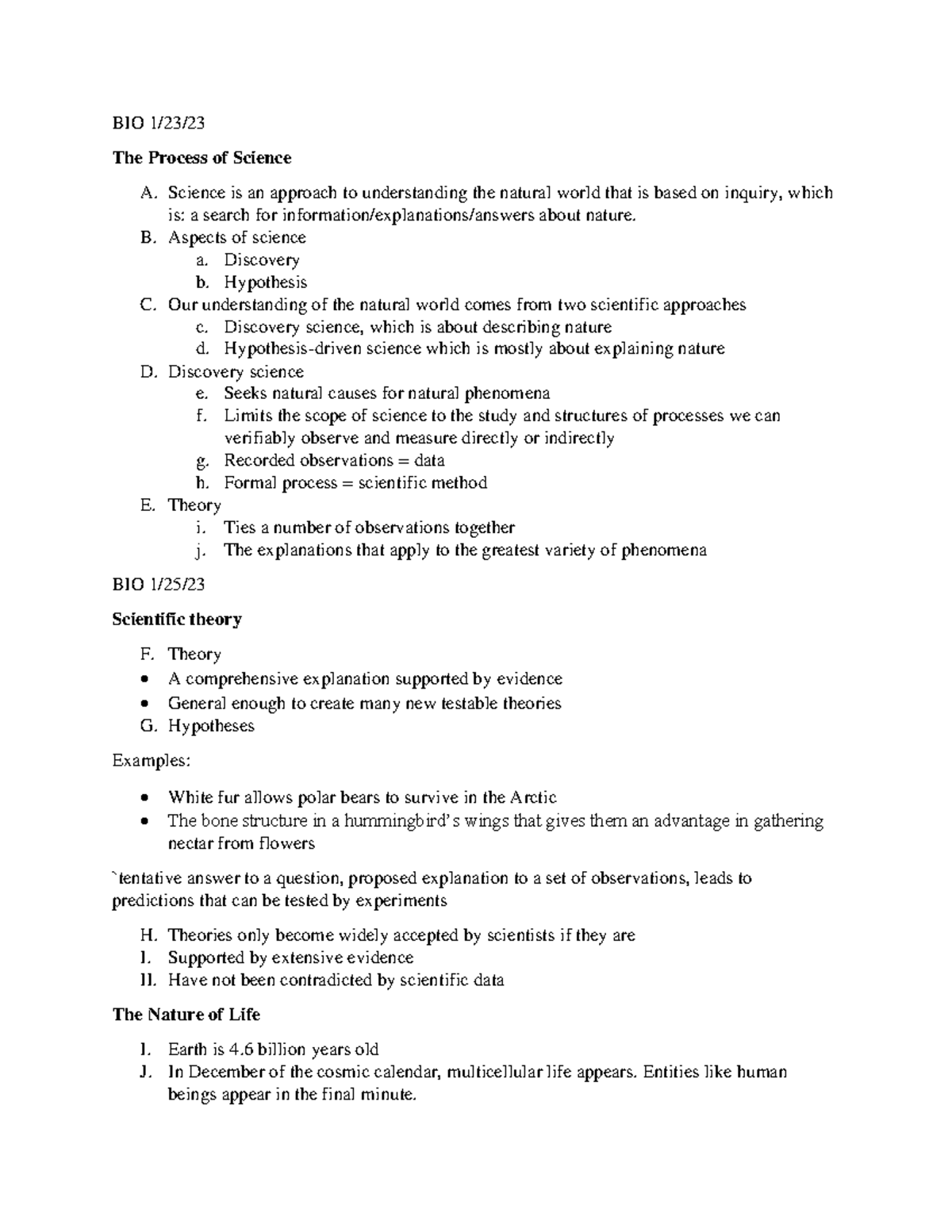 BIO 100 - BIO 100 Notes - BIO 1/23/ The Process of Science A. Science ...