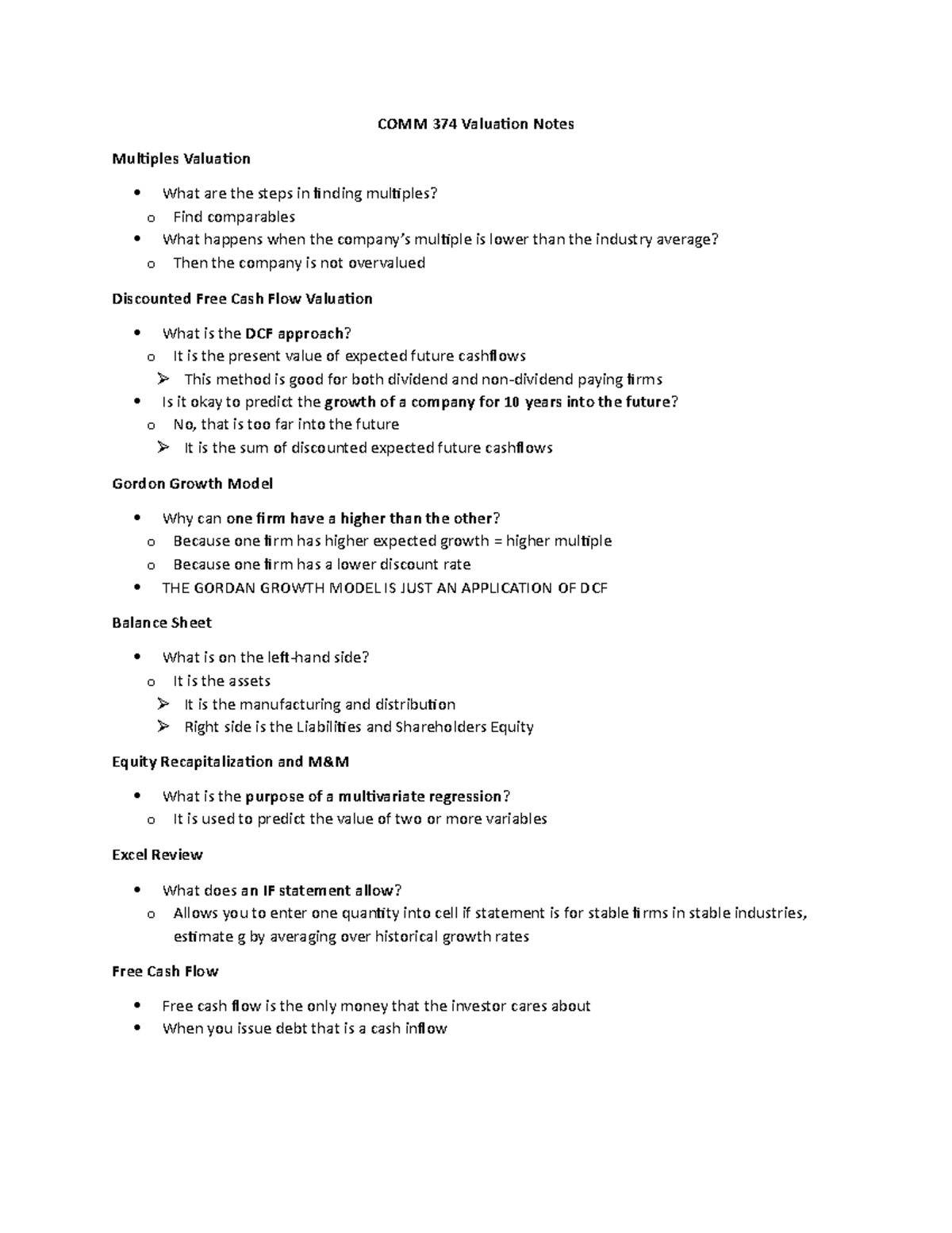 COMM 374 Valuation Notes - COMM 374 Valuation Notes Multiples Valuation ...
