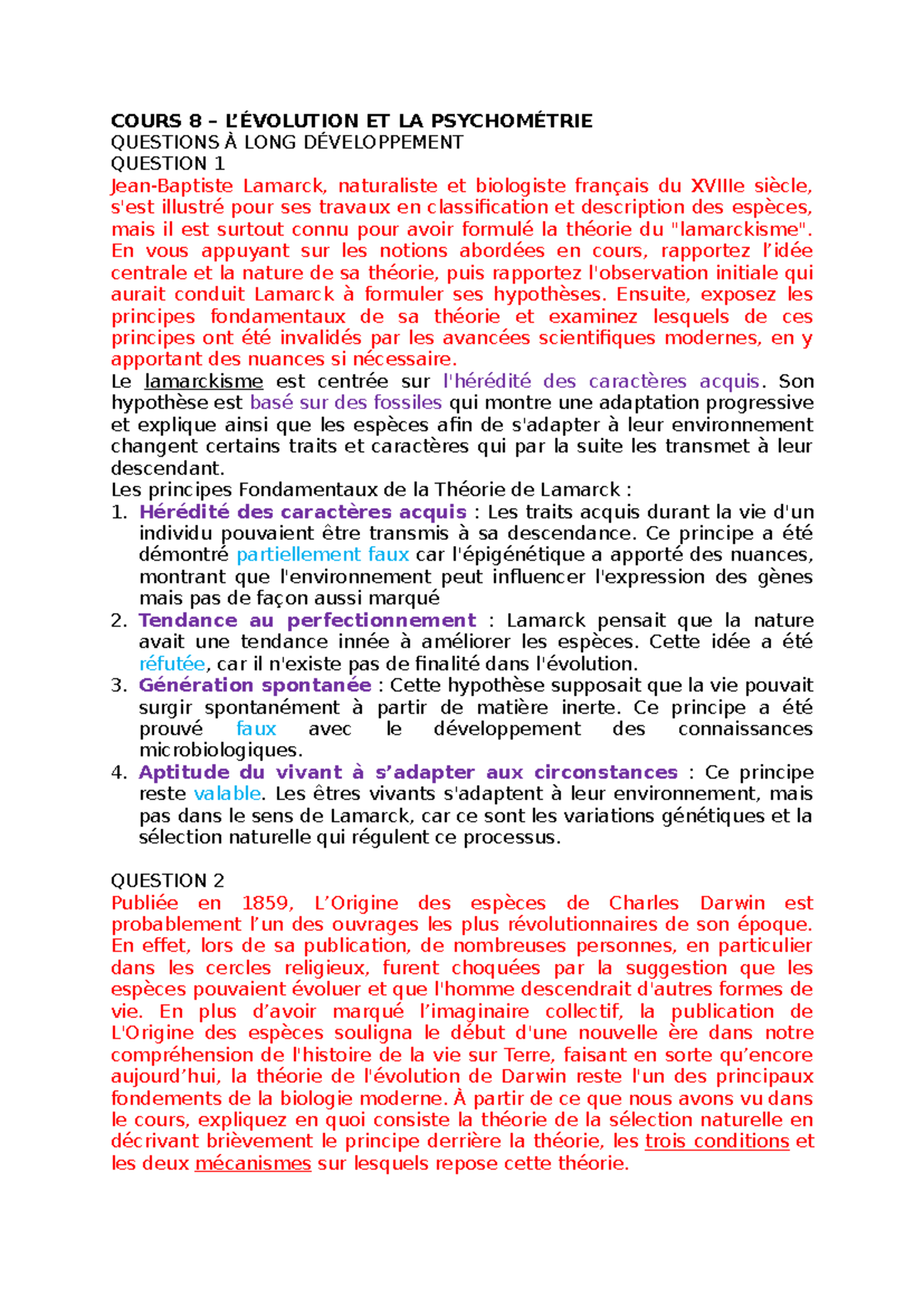 Cours 8 question exam psy3022 - COURS 8 – L’ÉVOLUTION ET LA ...