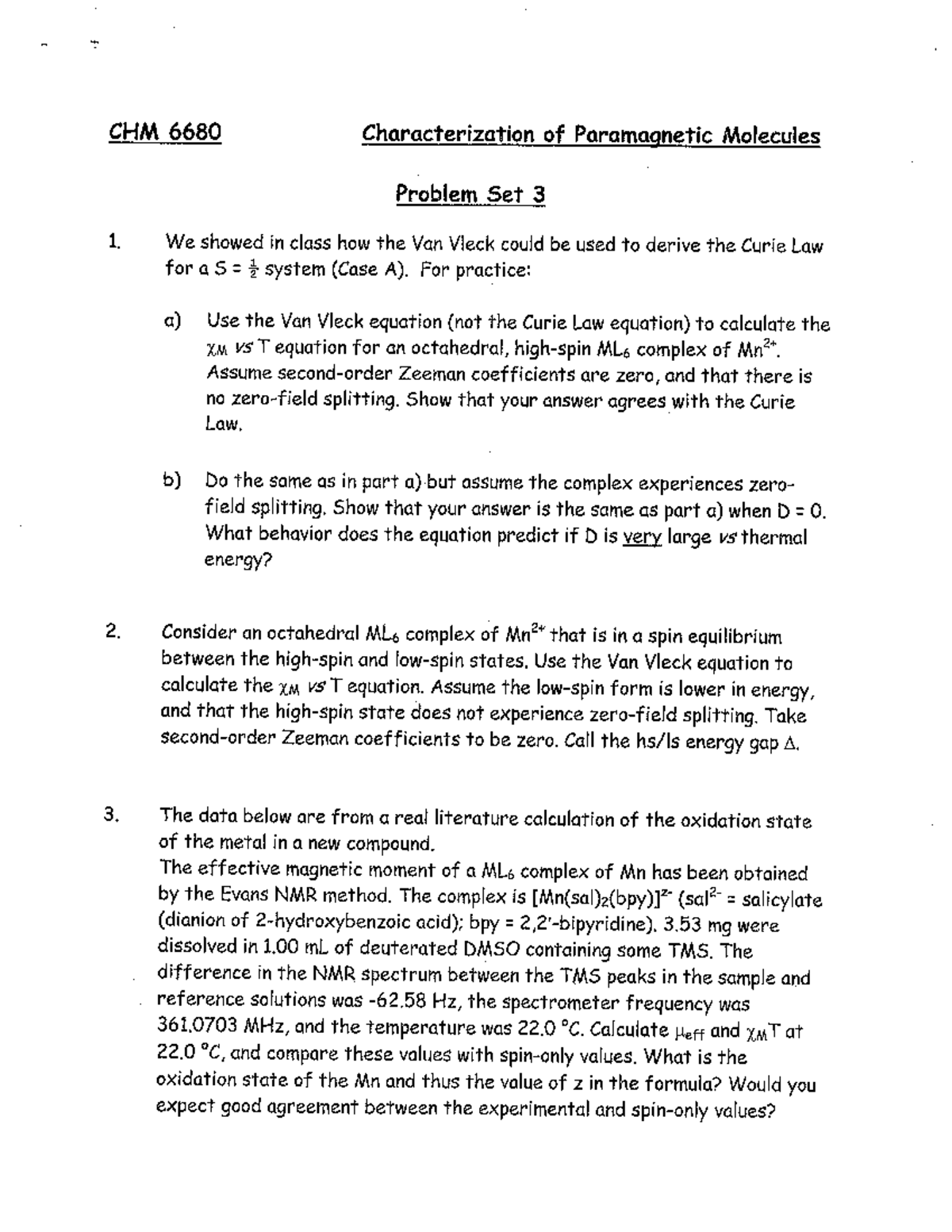 Problem Set 3 - Nothing - CHM 6680 Characterization Of Paramagnetic ...