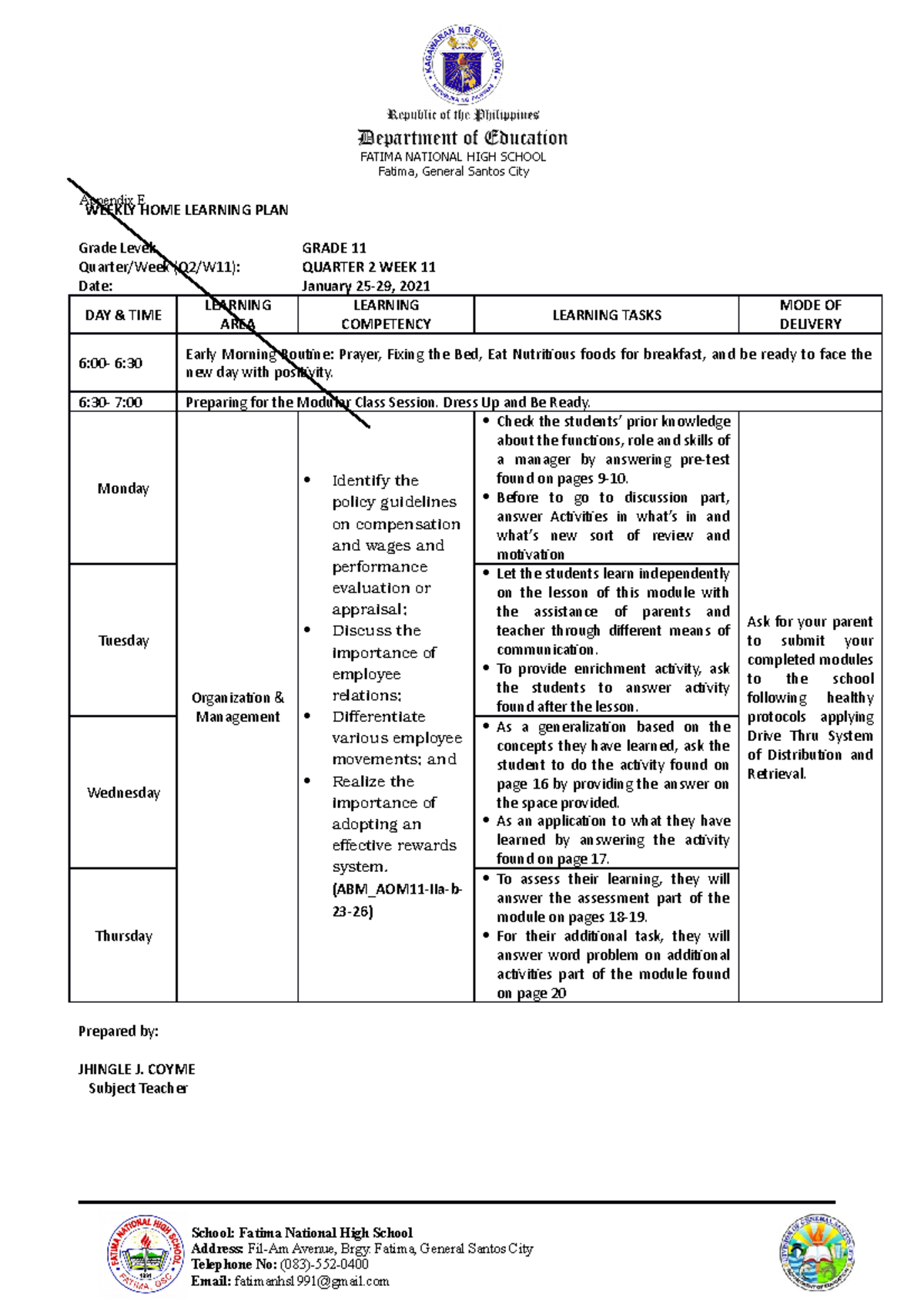 ORG&MNGT WHLP WEEK 11 - WEEKLY HOME LEARNING PLAN Grade Level: GRADE 11 ...