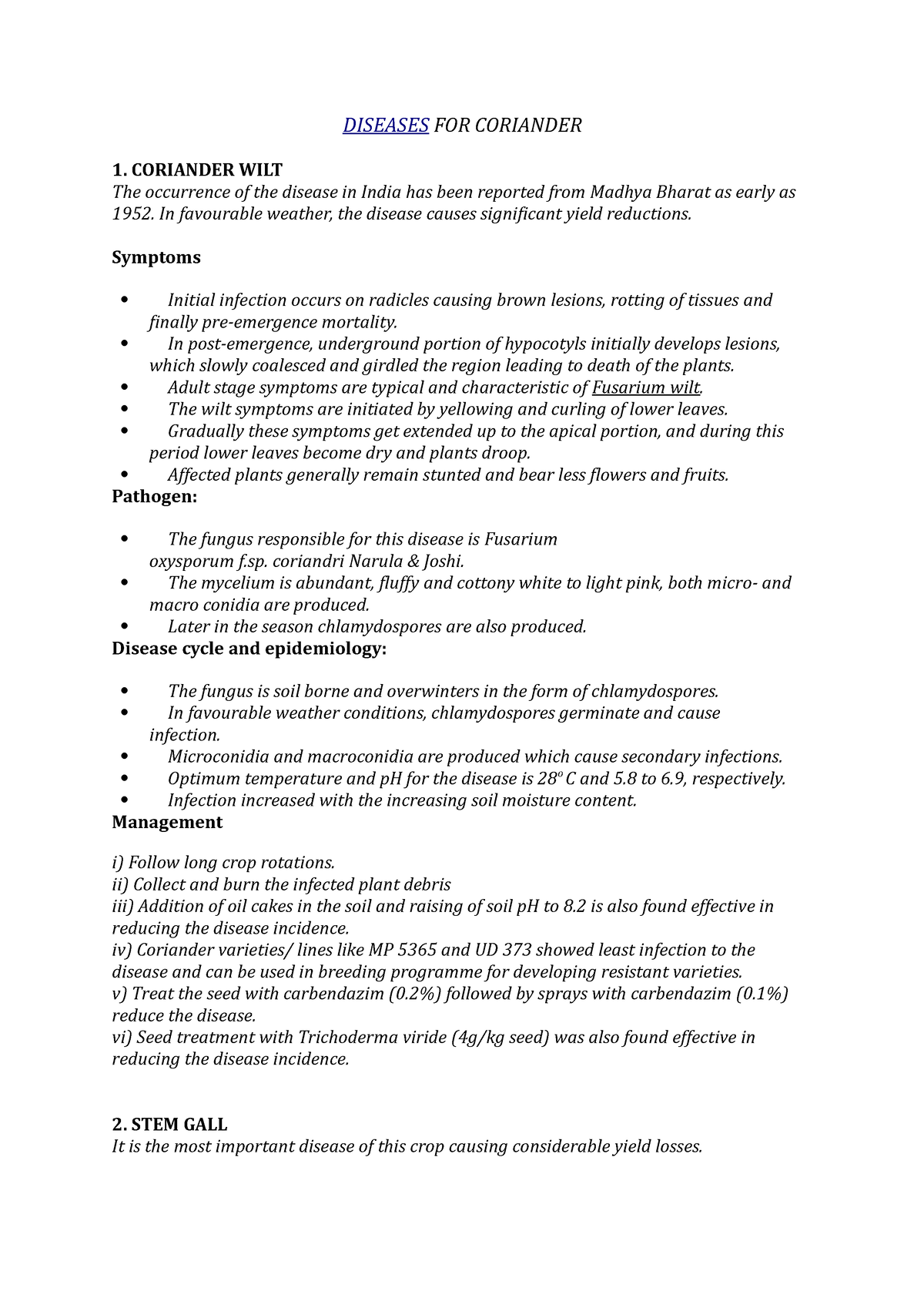 Diseases FOR Coriander - DISEASES FOR CORIANDER 1. CORIANDER WILT The ...