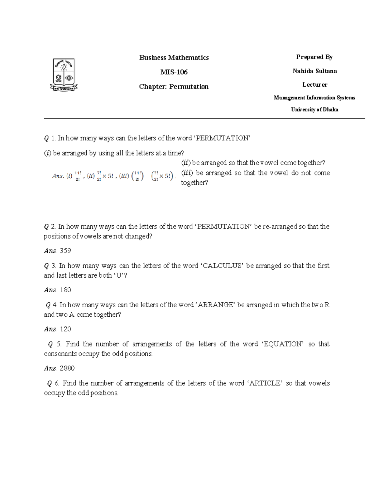 Business Mathematics permutation DU - Business Mathematics MIS- Chapter ...
