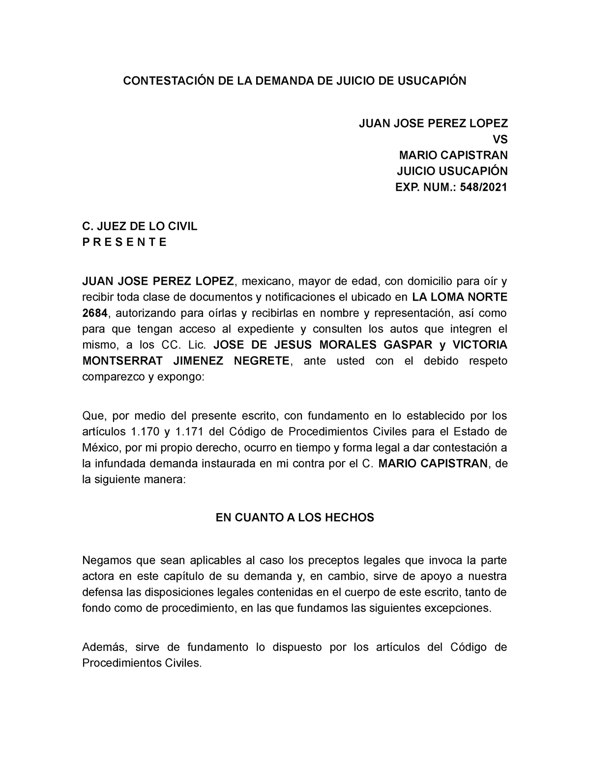 Contestación DE LA Demanda DE Juicio DE Usucapión - CONTESTACIÓN DE LA  DEMANDA DE JUICIO DE - Studocu