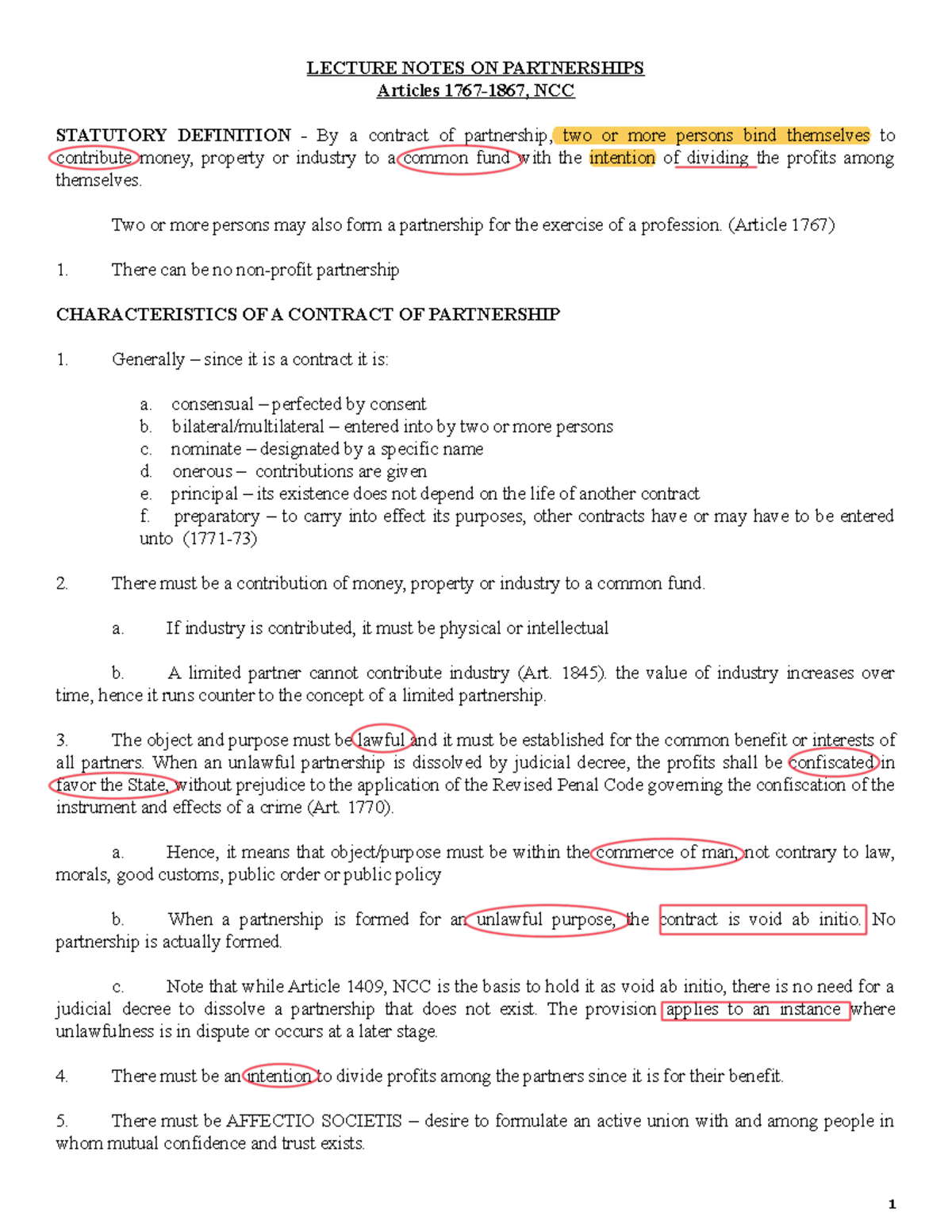 Partnership agency LECTURE NOTES ON PARTNERSHIPS Articles 17671867