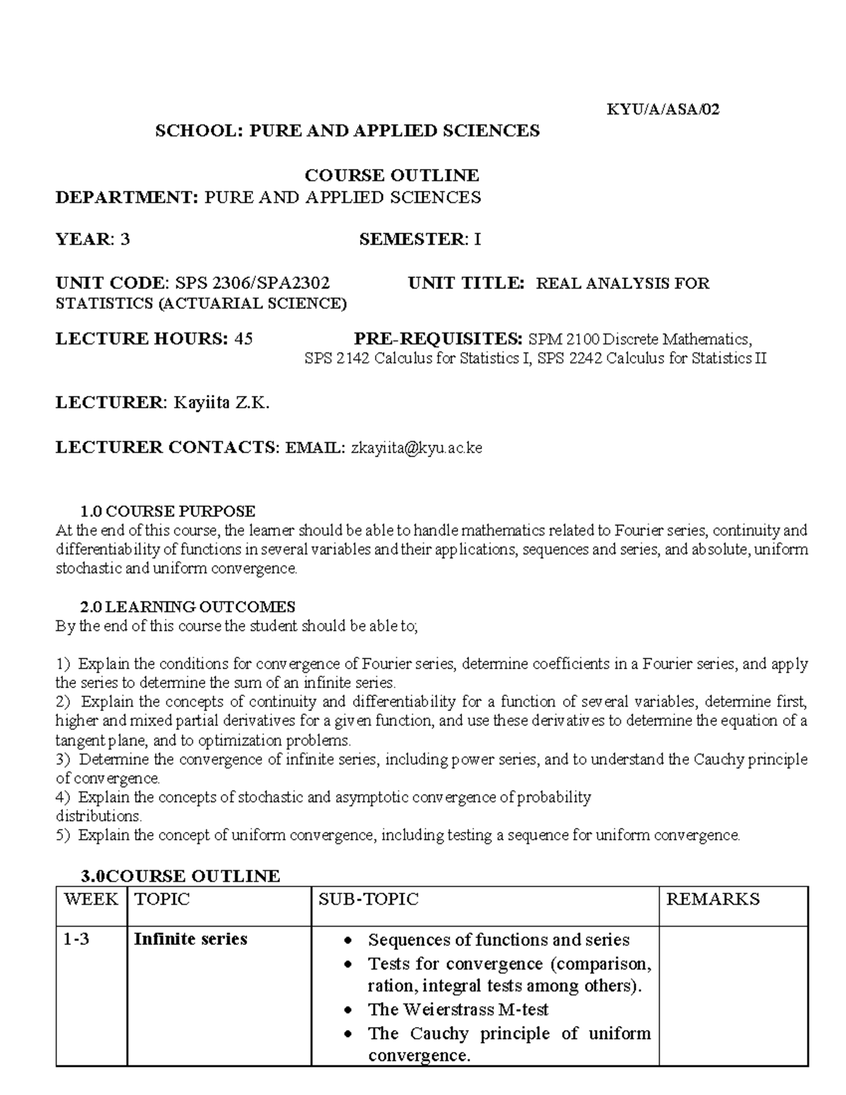 Real analysis course outline - KYU/A/ASA/ SCHOOL: PURE AND APPLIED ...