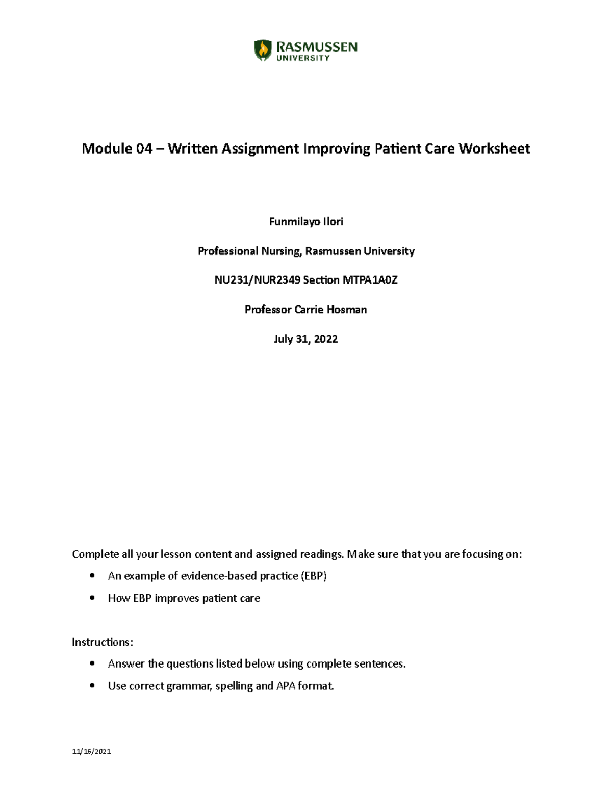 Module 04 Written Assignment Improving Patient Care Worksheet 073022 ...