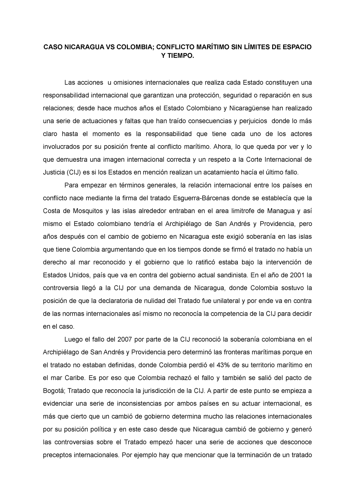 Nicaragua VS Colombia CASO NICARAGUA VS COLOMBIA; CONFLICTO MARÍTIMO