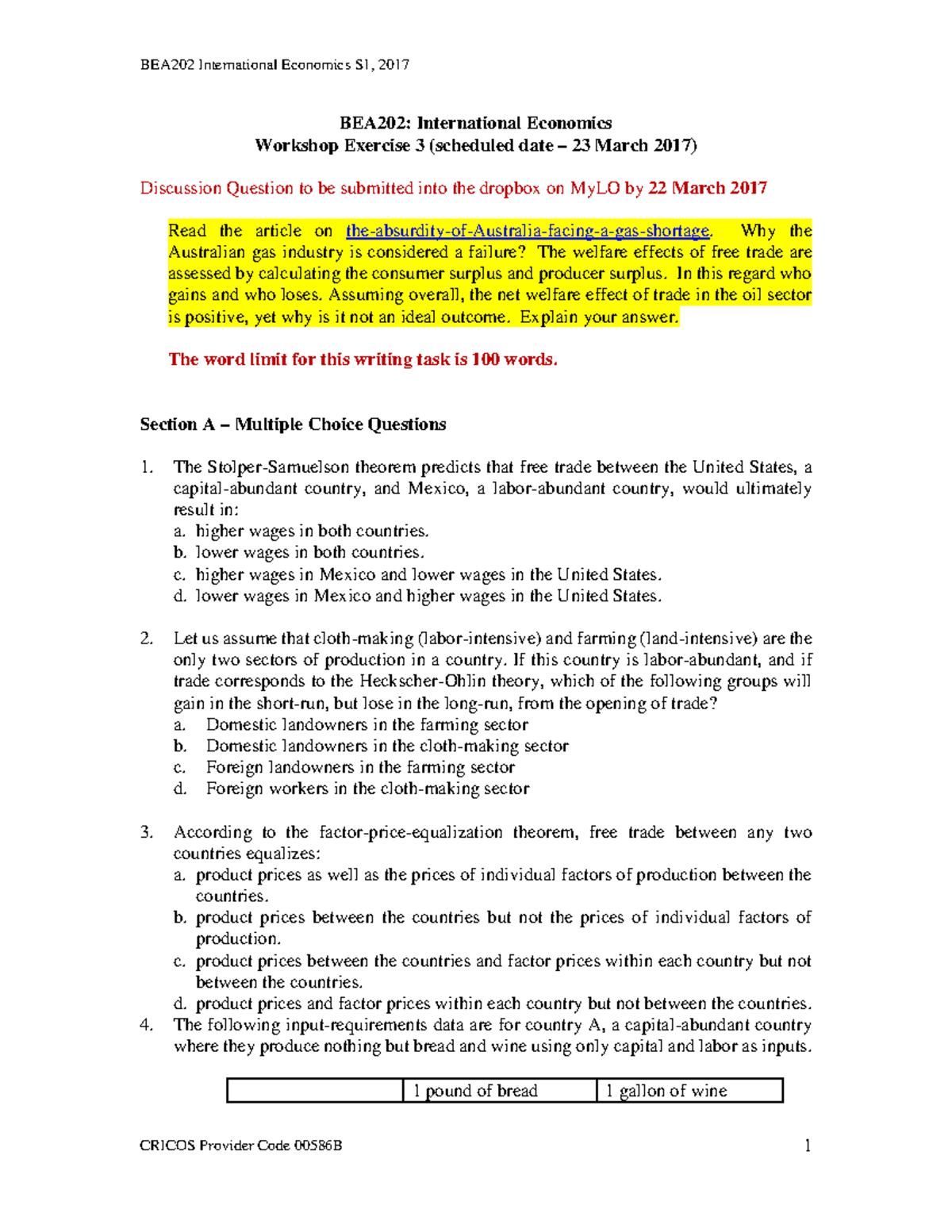 Workshop 3 questions - BEA 202 International Economics S1, 201 7 CRICOS ...
