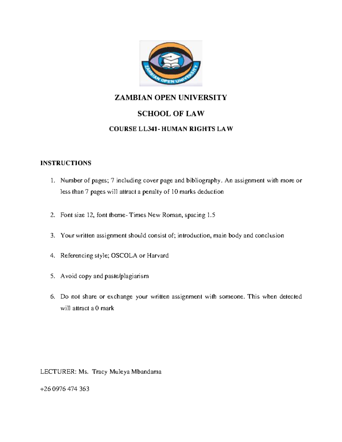 Human Rights Assingment 2 - ZAMBIAN OPEN UNIVERSITY SCHOOL OF LAW ...