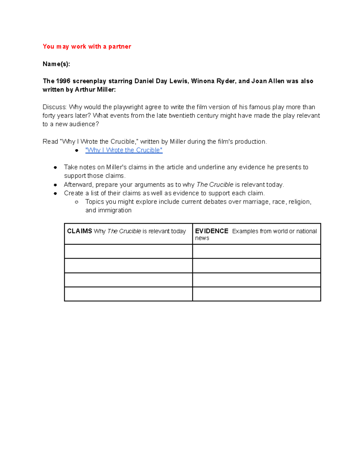 The Crucible Modern Style You may work with a partner Name(s) The