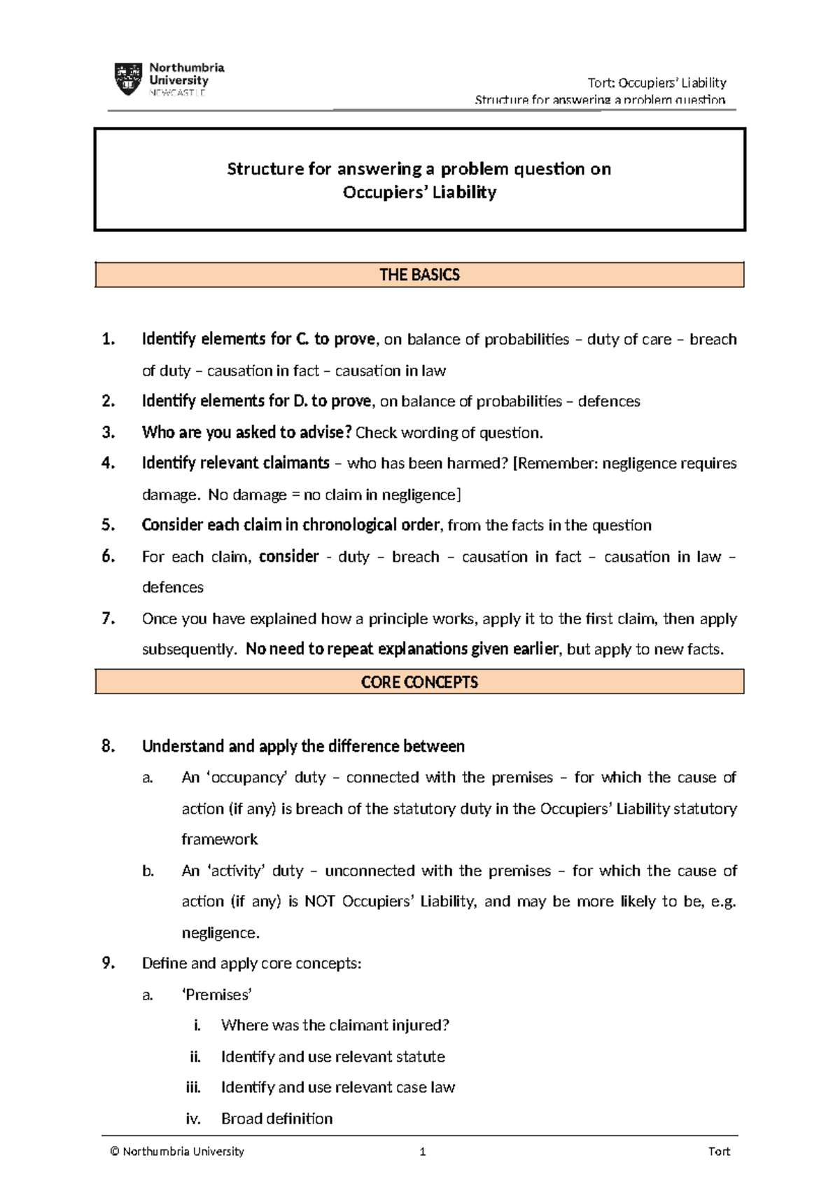 Occupiers' Liability - Topic Outline - Structure for answering a ...