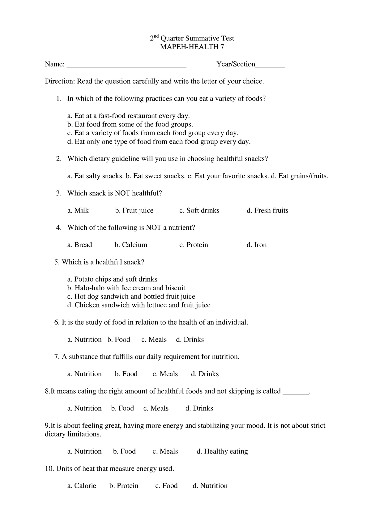 Mapeh-7 Health Q2 Summative-TEST - 2 Nd Quarter Summative Test MAPEH ...