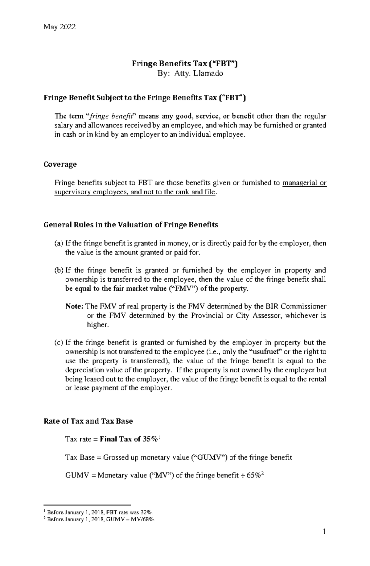 Fringe-Benefits - tax - Fringe Benefits Tax (“FBT”) By: Atty. Llamado ...