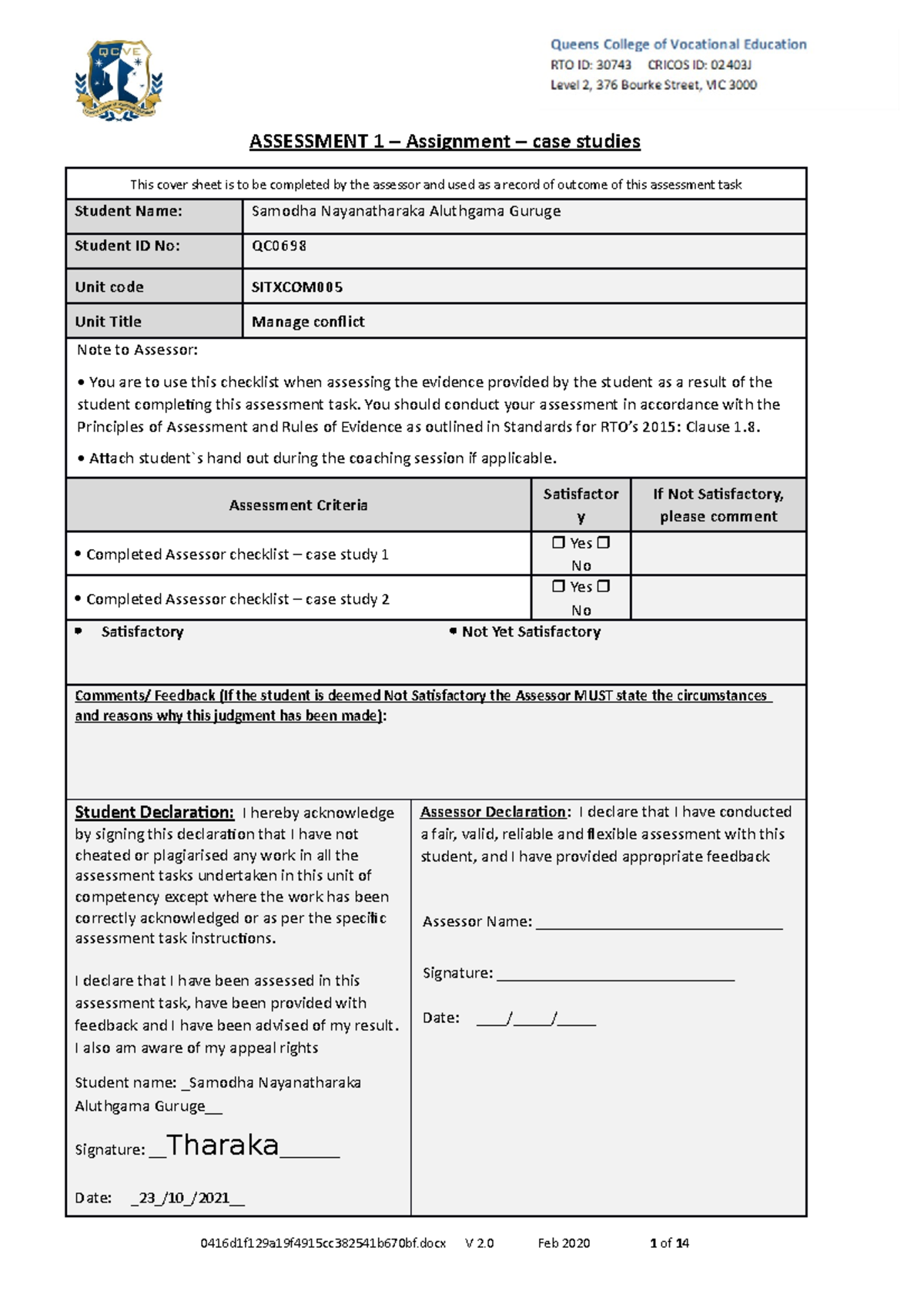 Assessment 1 Sitxcom 005 Manage Conflict - ASSESSMENT 1 – Assignment ...