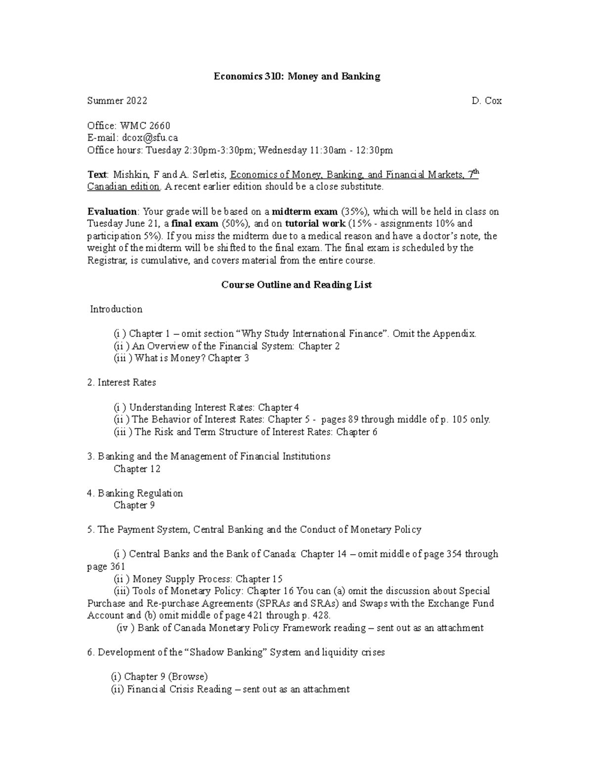 E310co SU22 syllabus Economics 310 Money and Banking Summer 2022 D