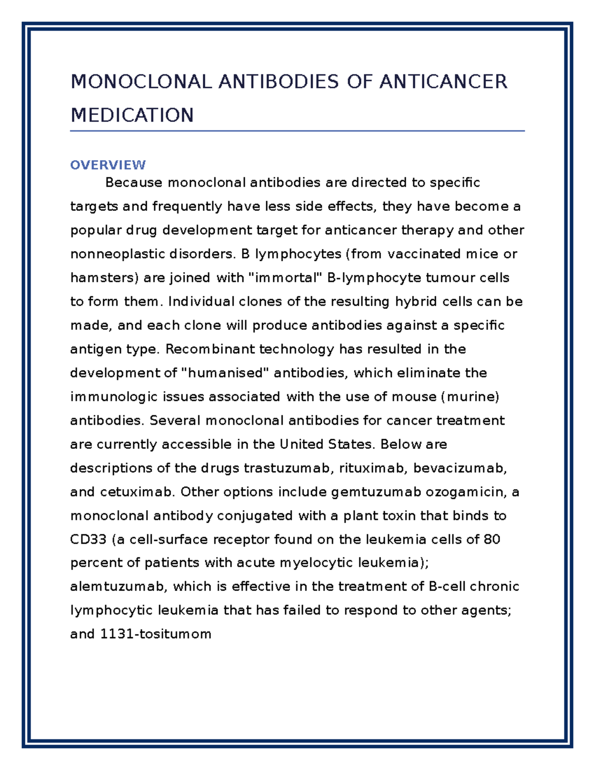 Overview OF Monoclonal Antibodies OF Anticancer Medication - MONOCLONAL ...