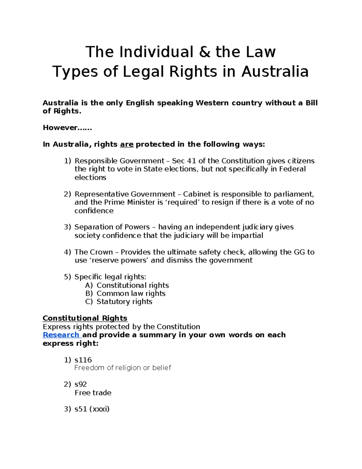 Types of Legal rights in Aus [23] - The Individual & the Law Types of ...